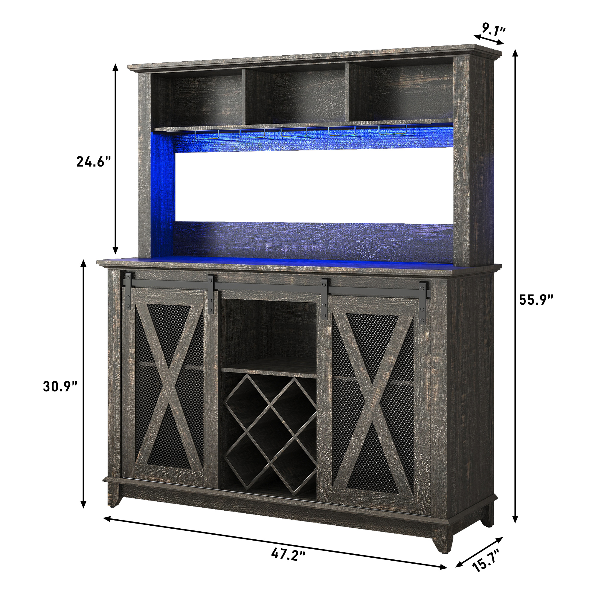 ANPOO 63"W Farmhouse Coffee Bar Cabinet with Power Outlet and LED Light, 58"H Wine Bar Cabinet with 4 Tier Storage Hutch, Kitchen Buffet Cabinet with 15 Wine and Glass Racks for Kitchen Dining Room