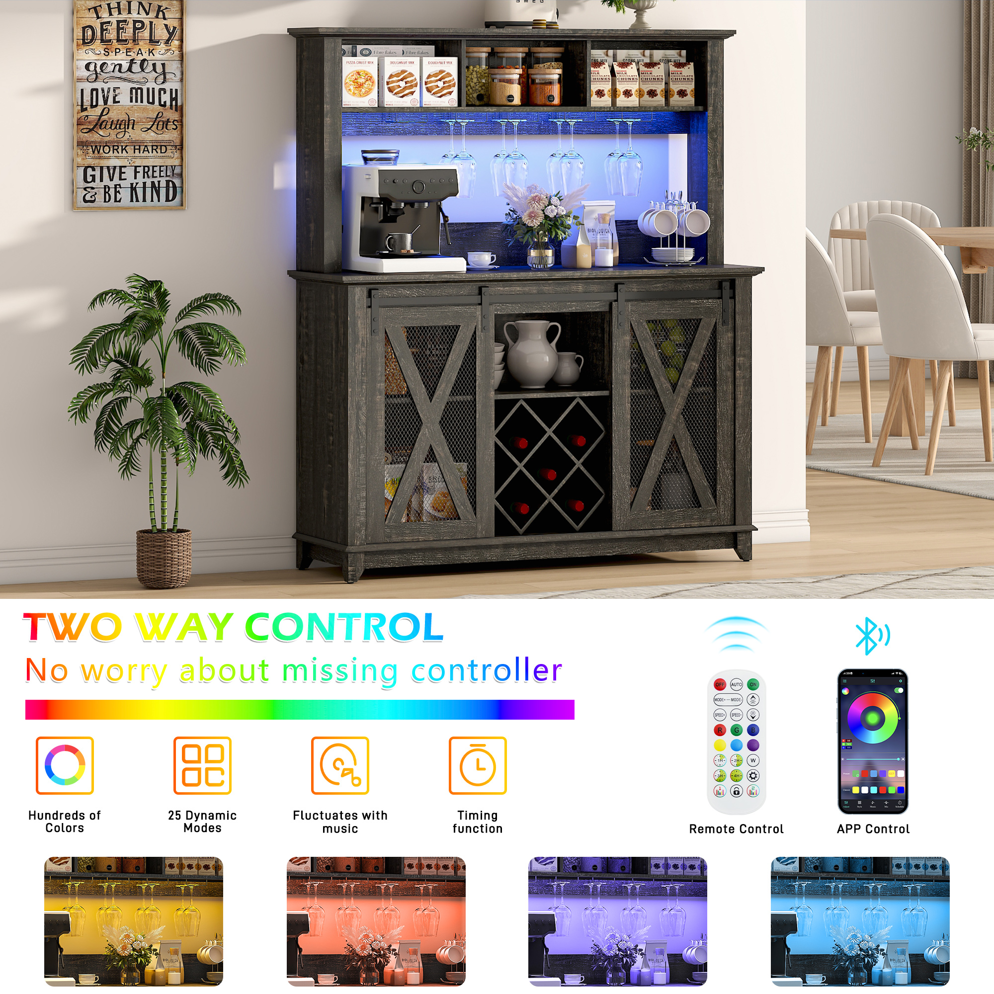 ANPOO 63"W Farmhouse Coffee Bar Cabinet with Power Outlet and LED Light, 58"H Wine Bar Cabinet with 4 Tier Storage Hutch, Kitchen Buffet Cabinet with 15 Wine and Glass Racks for Kitchen Dining Room