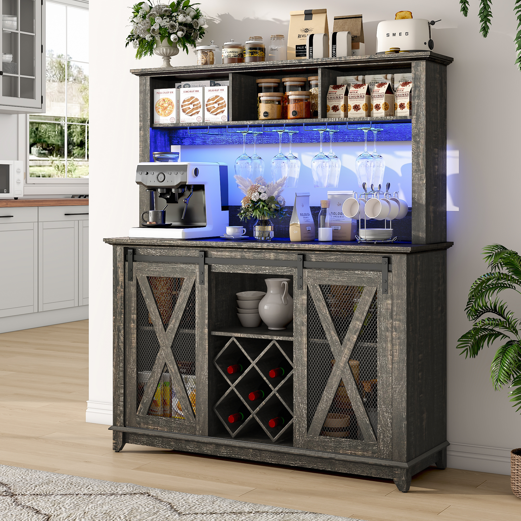 ANPOO 63"W Farmhouse Coffee Bar Cabinet with Power Outlet and LED Light, 58"H Wine Bar Cabinet with 4 Tier Storage Hutch, Kitchen Buffet Cabinet with 15 Wine and Glass Racks for Kitchen Dining Room