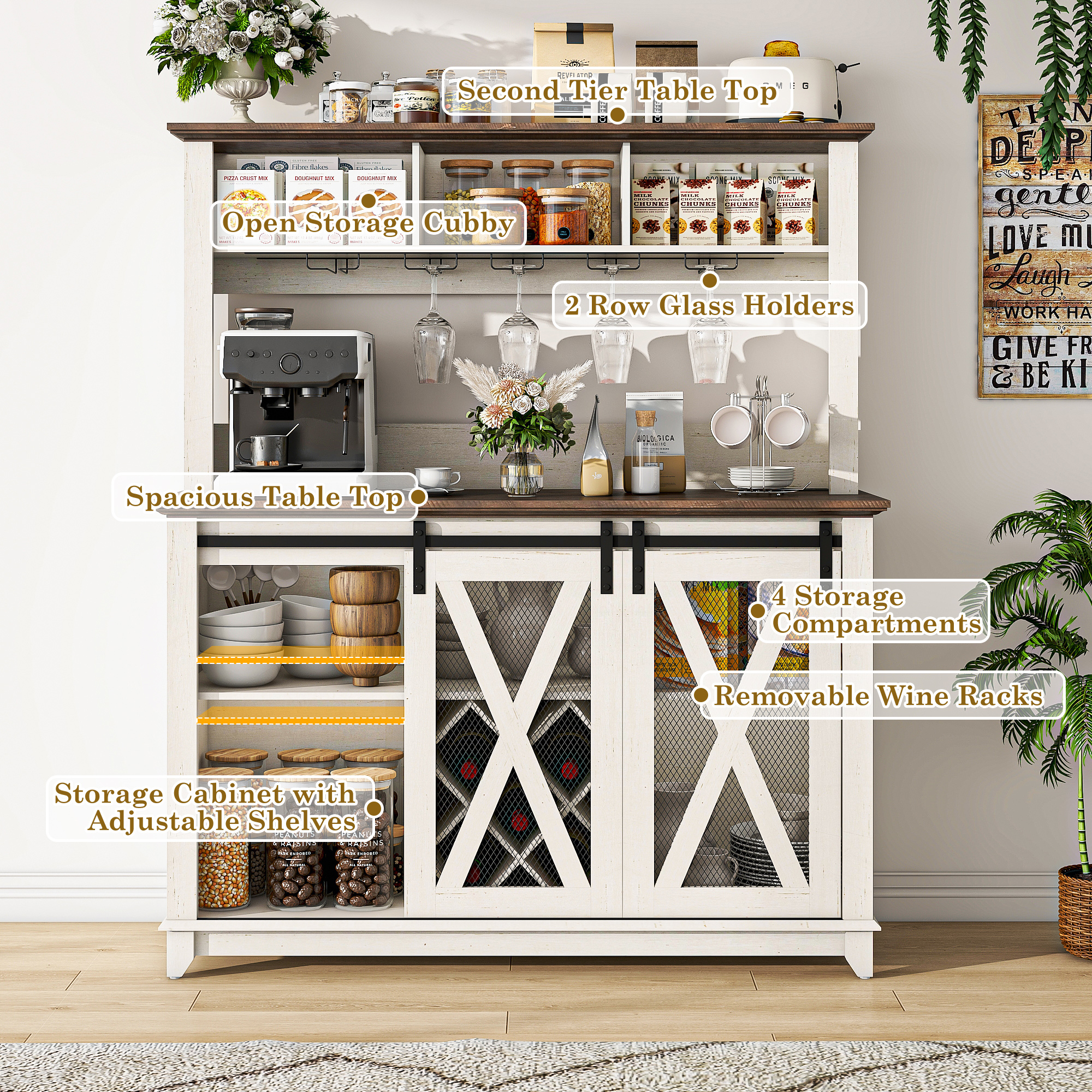 ANPOO 63"W Farmhouse Coffee Bar Cabinet with Power Outlet and LED Light, 58"H Wine Bar Cabinet with 4 Tier Storage Hutch, Kitchen Buffet Cabinet with 15 Wine and Glass Racks for Kitchen Dining Room