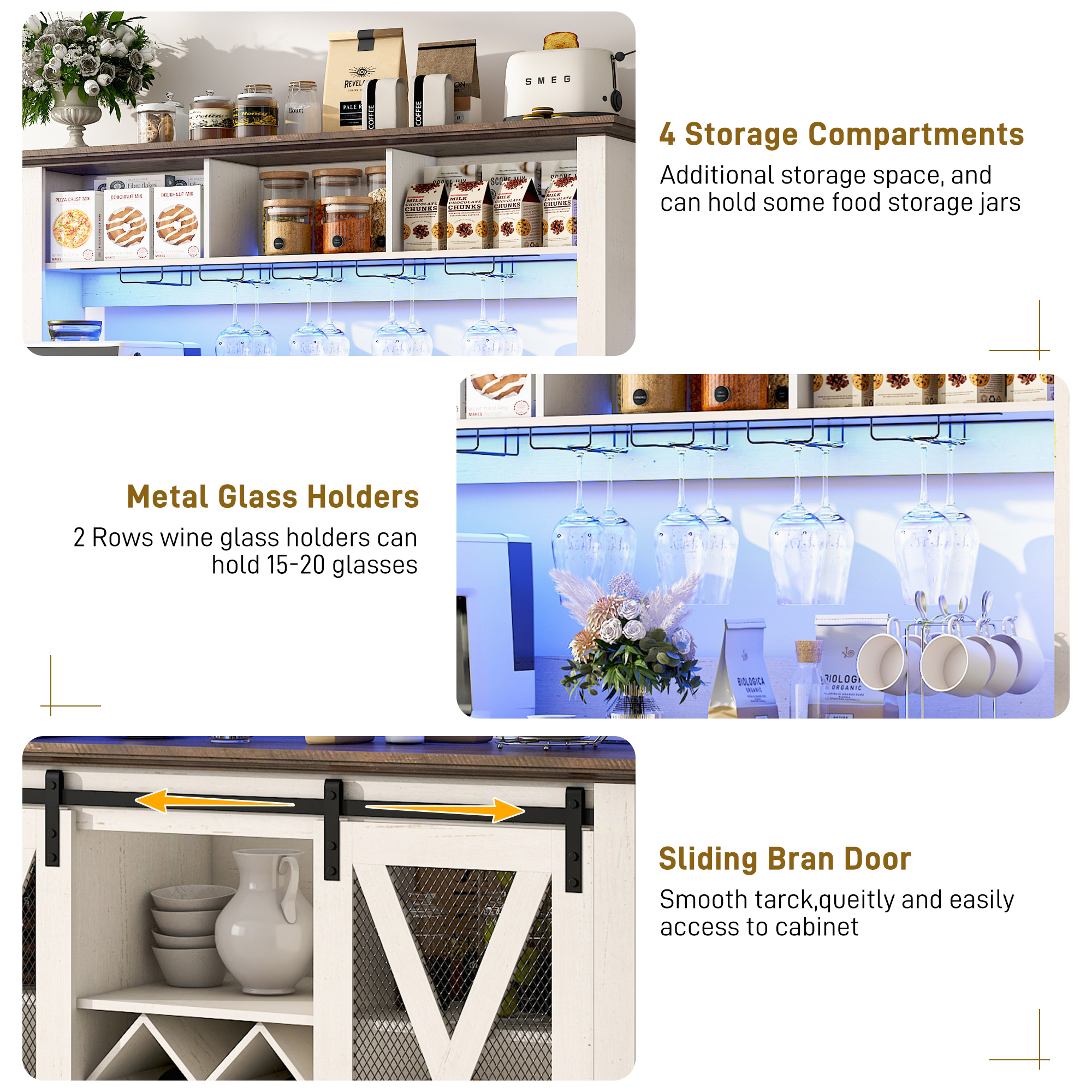 ANPOO 63"W Farmhouse Coffee Bar Cabinet with Power Outlet and LED Light, 58"H Wine Bar Cabinet with 4 Tier Storage Hutch, Kitchen Buffet Cabinet with 15 Wine and Glass Racks for Kitchen Dining Room