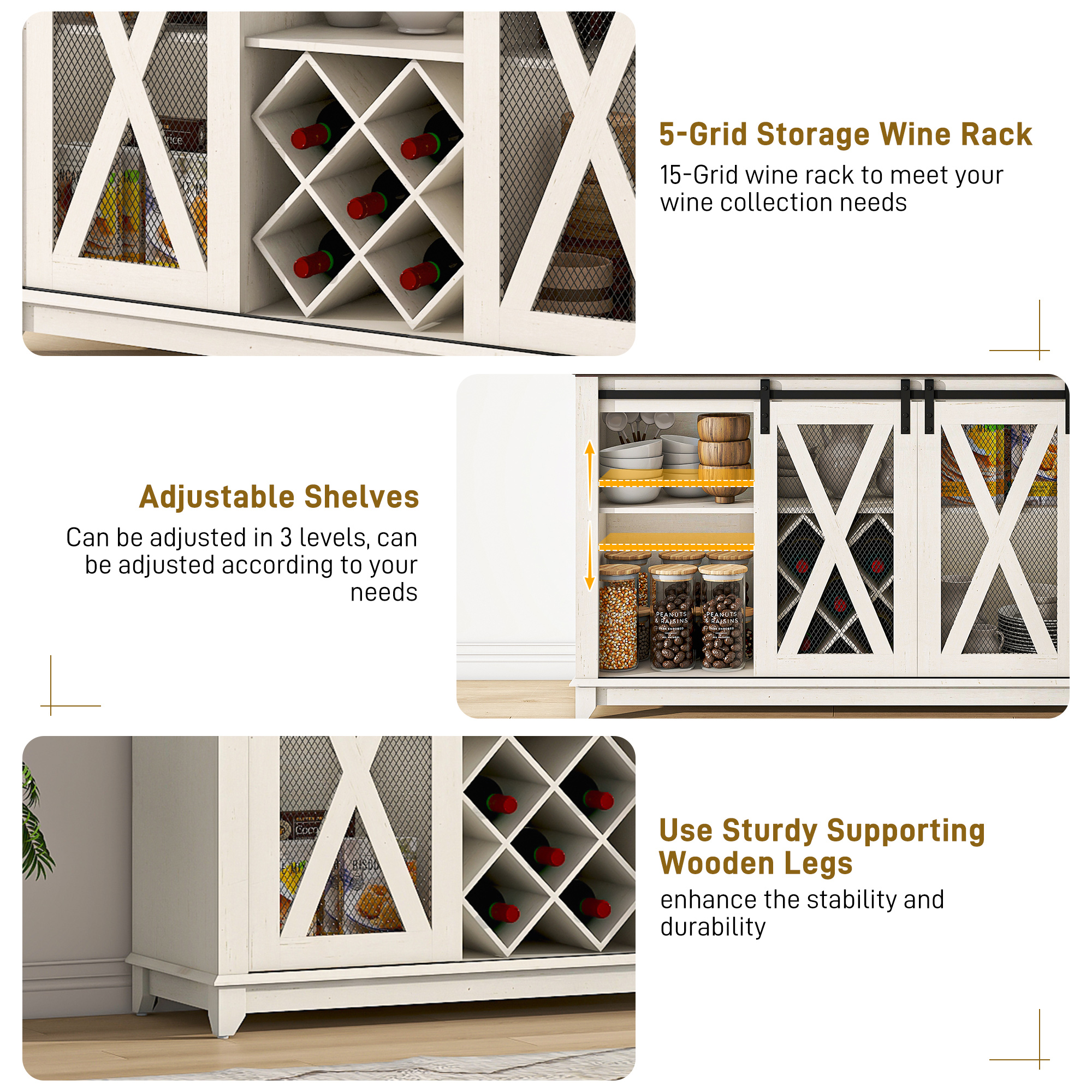 ANPOO 63"W Farmhouse Coffee Bar Cabinet with Power Outlet and LED Light, 58"H Wine Bar Cabinet with 4 Tier Storage Hutch, Kitchen Buffet Cabinet with 15 Wine and Glass Racks for Kitchen Dining Room