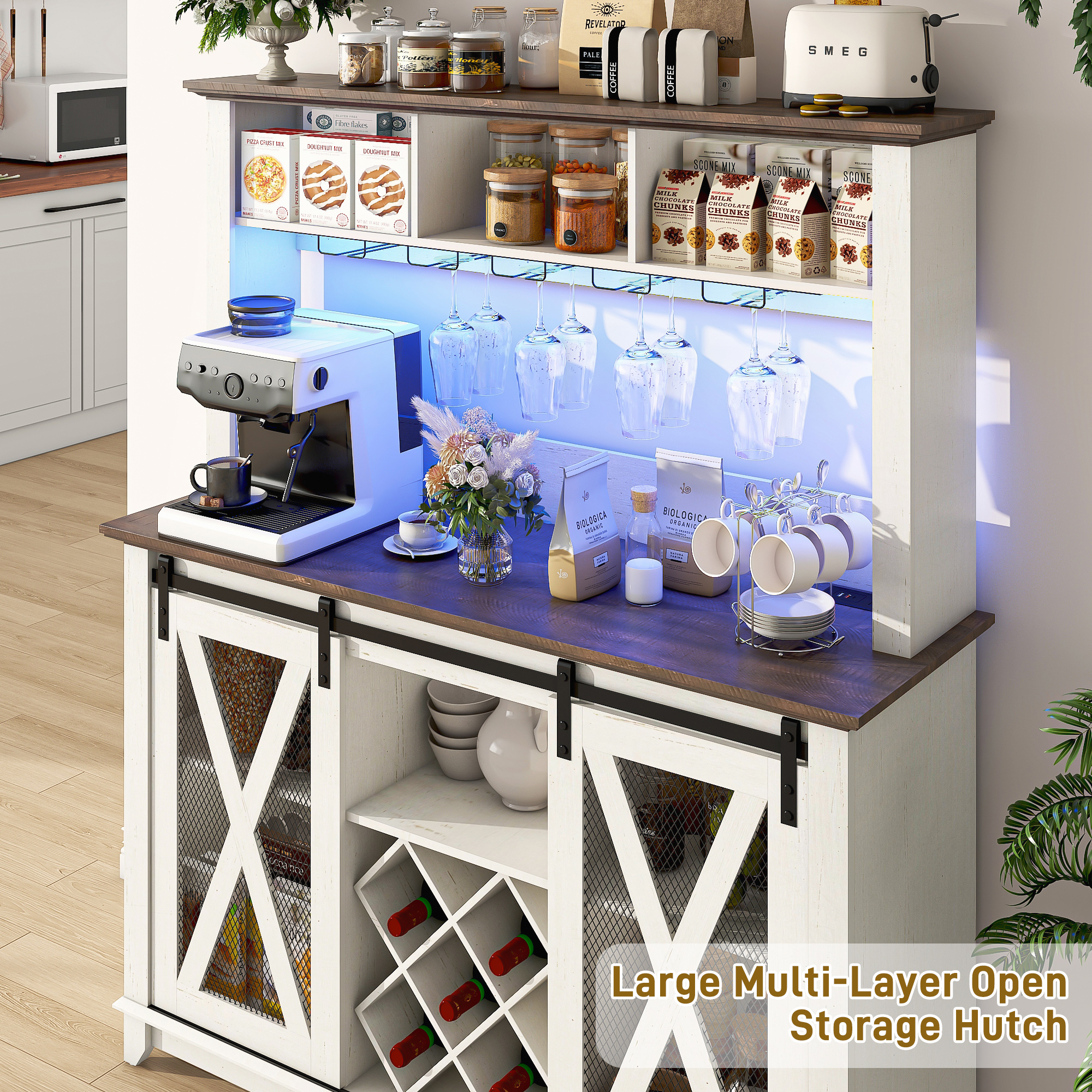 ANPOO 63"W Farmhouse Coffee Bar Cabinet with Power Outlet and LED Light, 58"H Wine Bar Cabinet with 4 Tier Storage Hutch, Kitchen Buffet Cabinet with 15 Wine and Glass Racks for Kitchen Dining Room