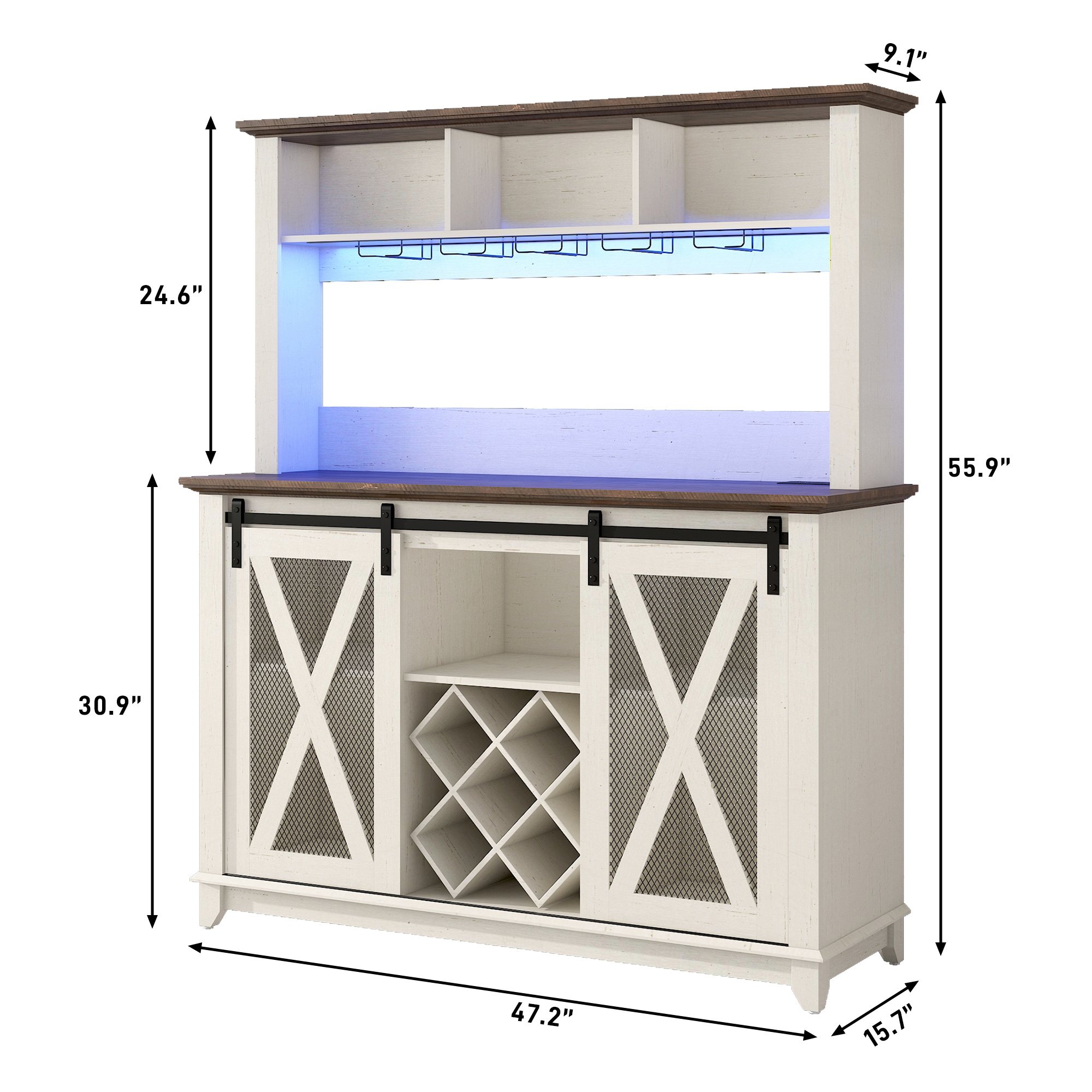 ANPOO 63"W Farmhouse Coffee Bar Cabinet with Power Outlet and LED Light, 58"H Wine Bar Cabinet with 4 Tier Storage Hutch, Kitchen Buffet Cabinet with 15 Wine and Glass Racks for Kitchen Dining Room