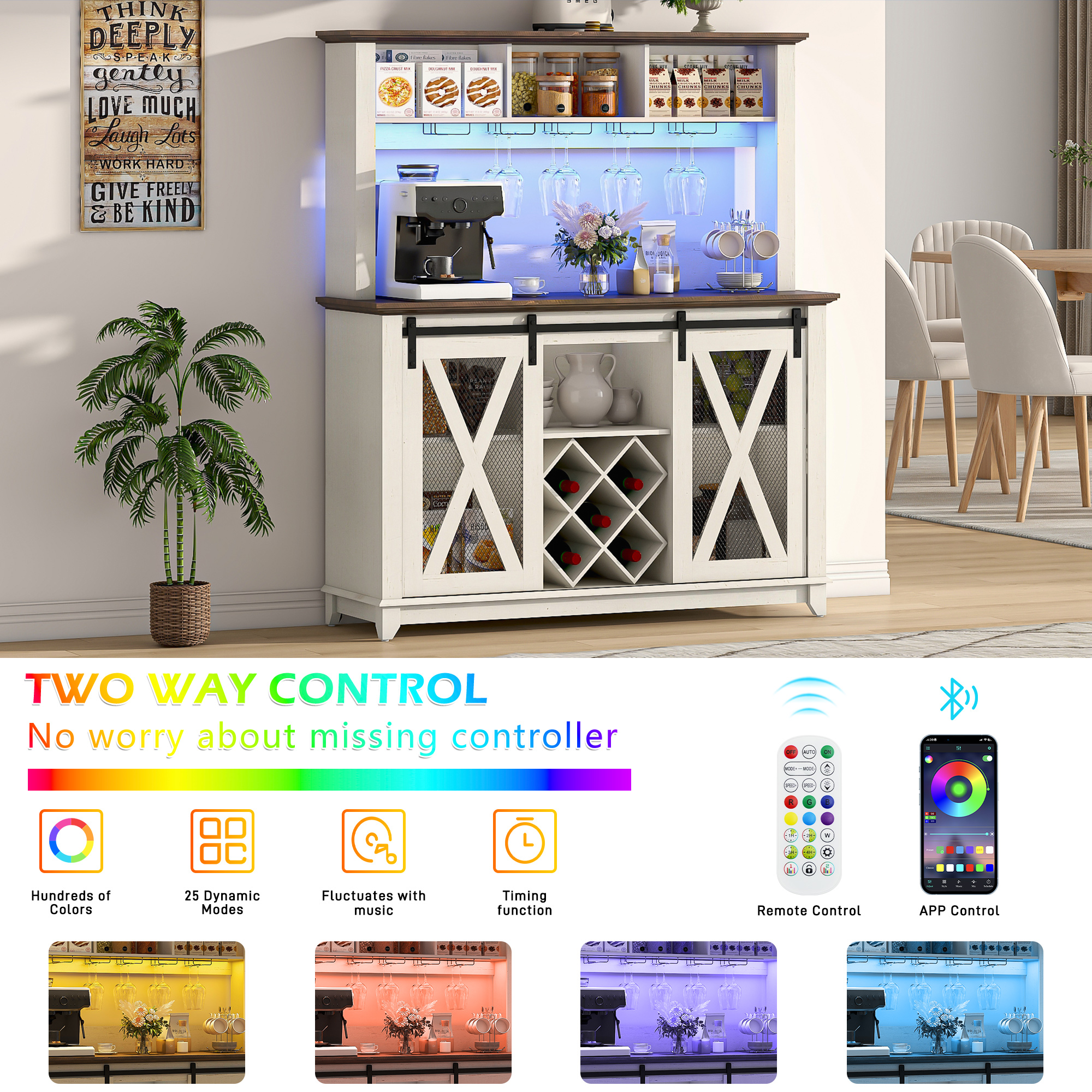 ANPOO 63"W Farmhouse Coffee Bar Cabinet with Power Outlet and LED Light, 58"H Wine Bar Cabinet with 4 Tier Storage Hutch, Kitchen Buffet Cabinet with 15 Wine and Glass Racks for Kitchen Dining Room