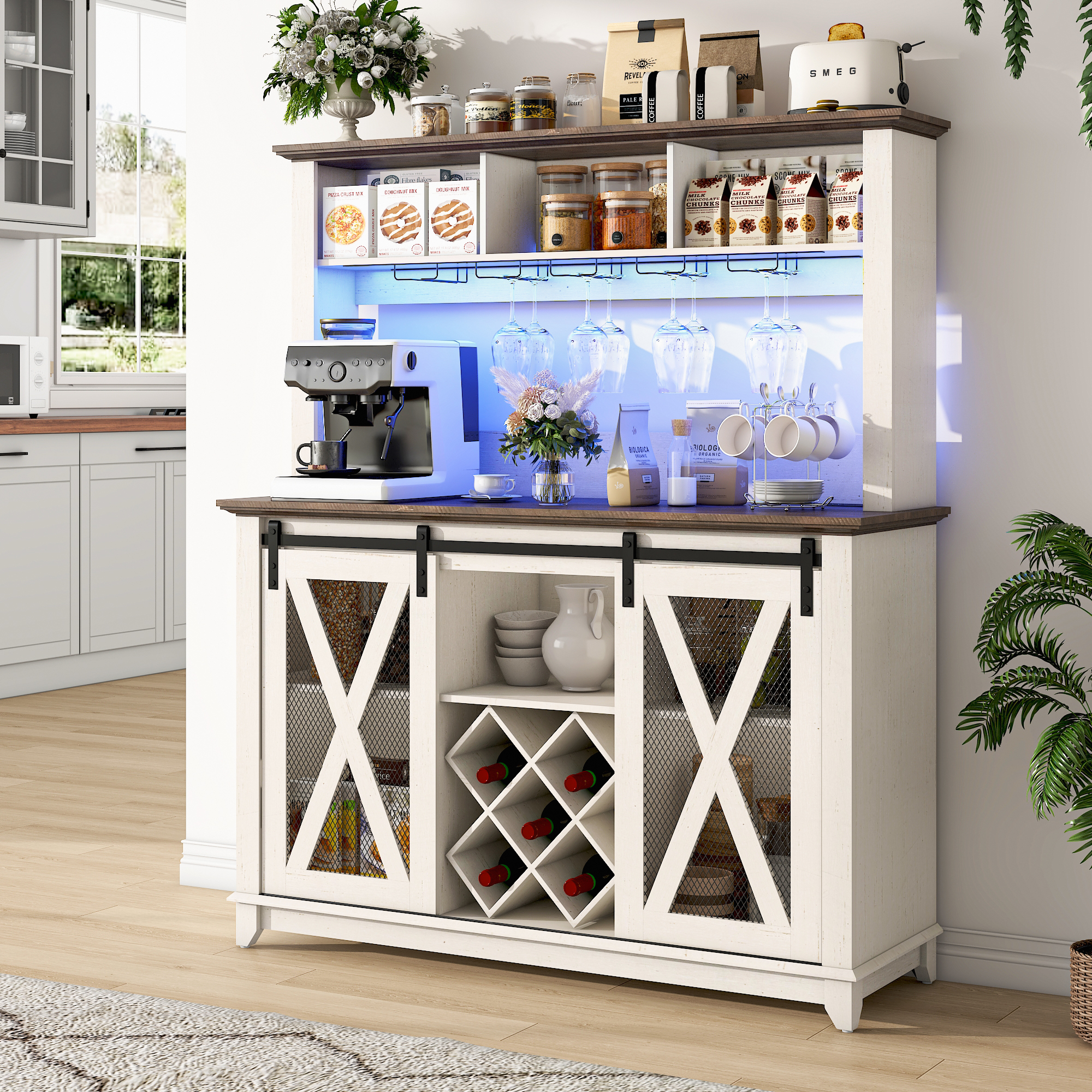 ANPOO 63"W Farmhouse Coffee Bar Cabinet with Power Outlet and LED Light, 58"H Wine Bar Cabinet with 4 Tier Storage Hutch, Kitchen Buffet Cabinet with 15 Wine and Glass Racks for Kitchen Dining Room