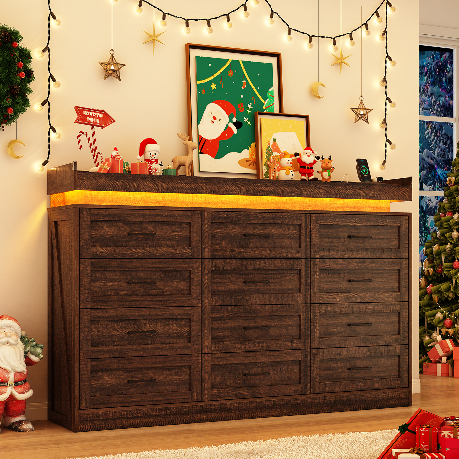 Large Farmhouse 12 Drawers Dresser for Bedroom with LED Light and Power Outlets, 71" Tall Wood 12 Chests of Drawers for Closet, WideStorage Dresser Organizer for Bedroom