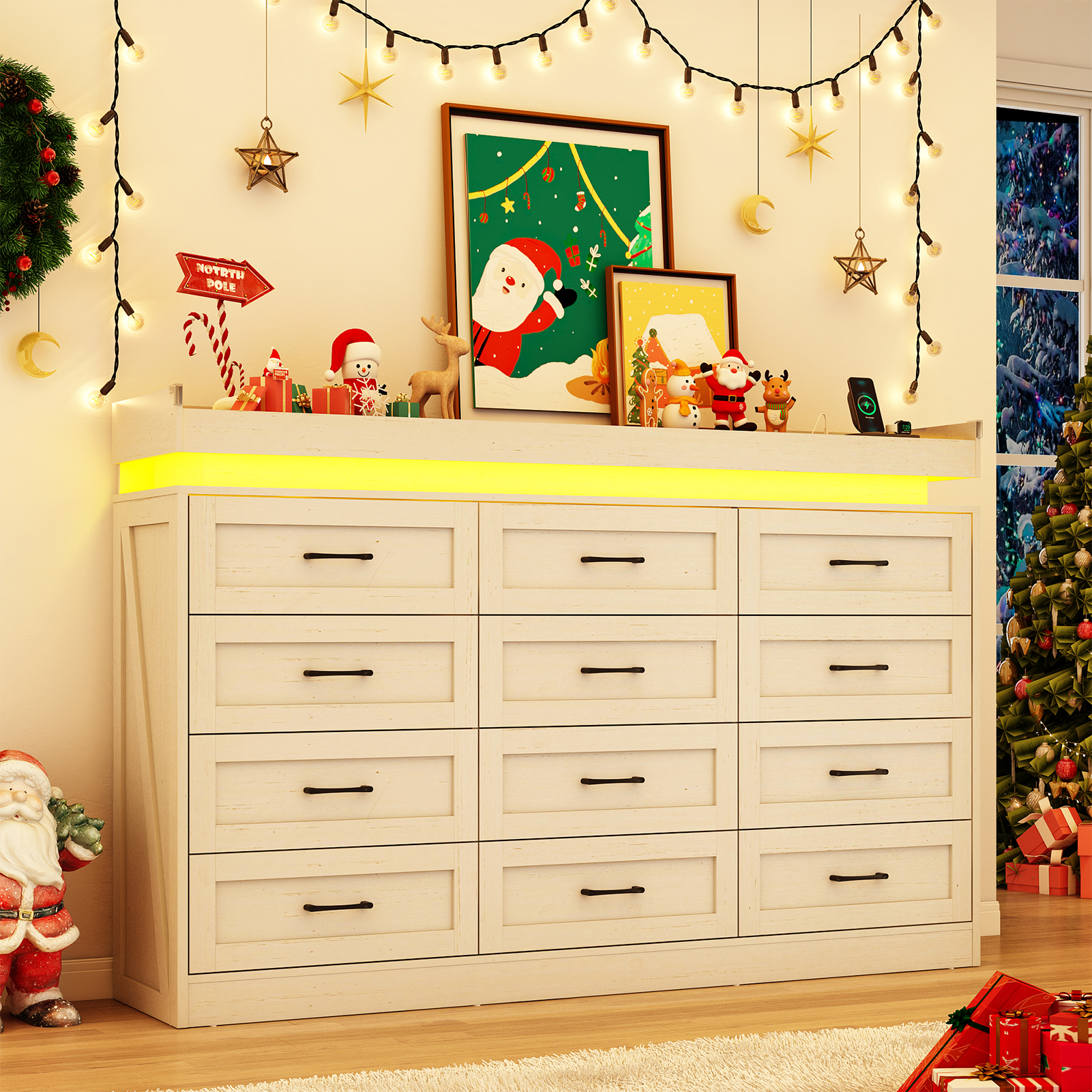 Large Farmhouse 12 Drawers Dresser for Bedroom with LED Light and Power Outlets, 71" Tall Wood 12 Chests of Drawers for Closet, WideStorage Dresser Organizer for Bedroom