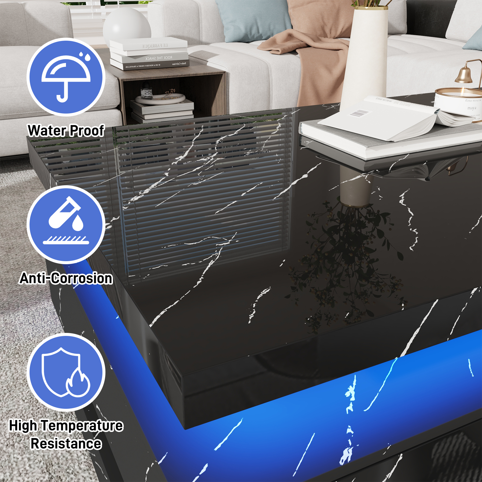 47'' LED Coffee Table with 2 Storage Drawers, Modern High Gloss Black Coffee Table with Marbling Print, 3-Tier Rectangle Center Table for Living Room, APP Control