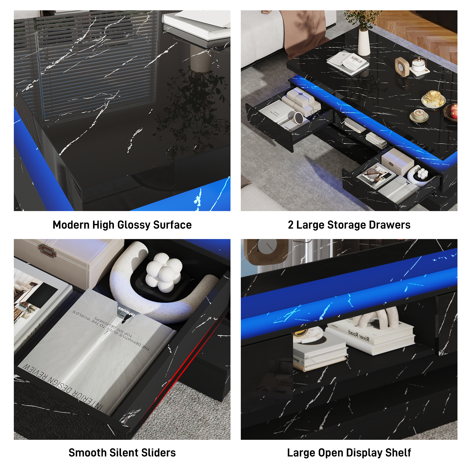 47'' LED Coffee Table with 2 Storage Drawers, Modern High Gloss Black Coffee Table with Marbling Print, 3-Tier Rectangle Center Table for Living Room, APP Control