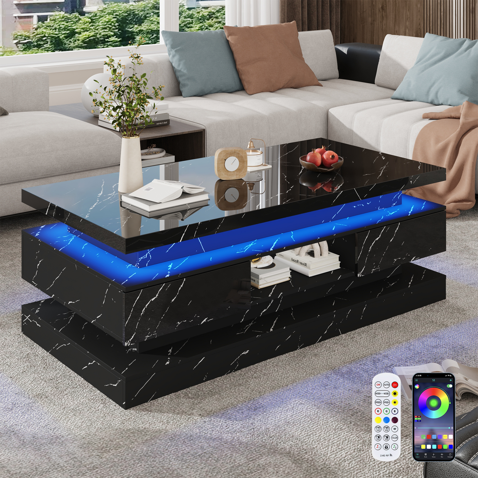 47'' LED Coffee Table with 2 Storage Drawers, Modern High Gloss Black Coffee Table with Marbling Print, 3-Tier Rectangle Center Table for Living Room, APP Control