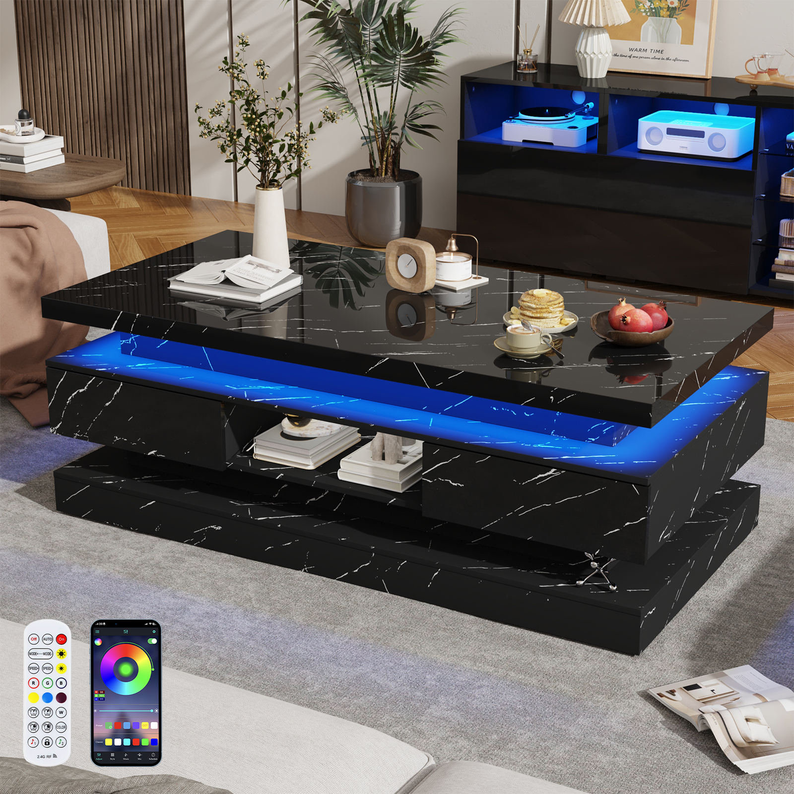 47'' LED Coffee Table with 2 Storage Drawers, Modern High Gloss Black Coffee Table with Marbling Print, 3-Tier Rectangle Center Table for Living Room, APP Control