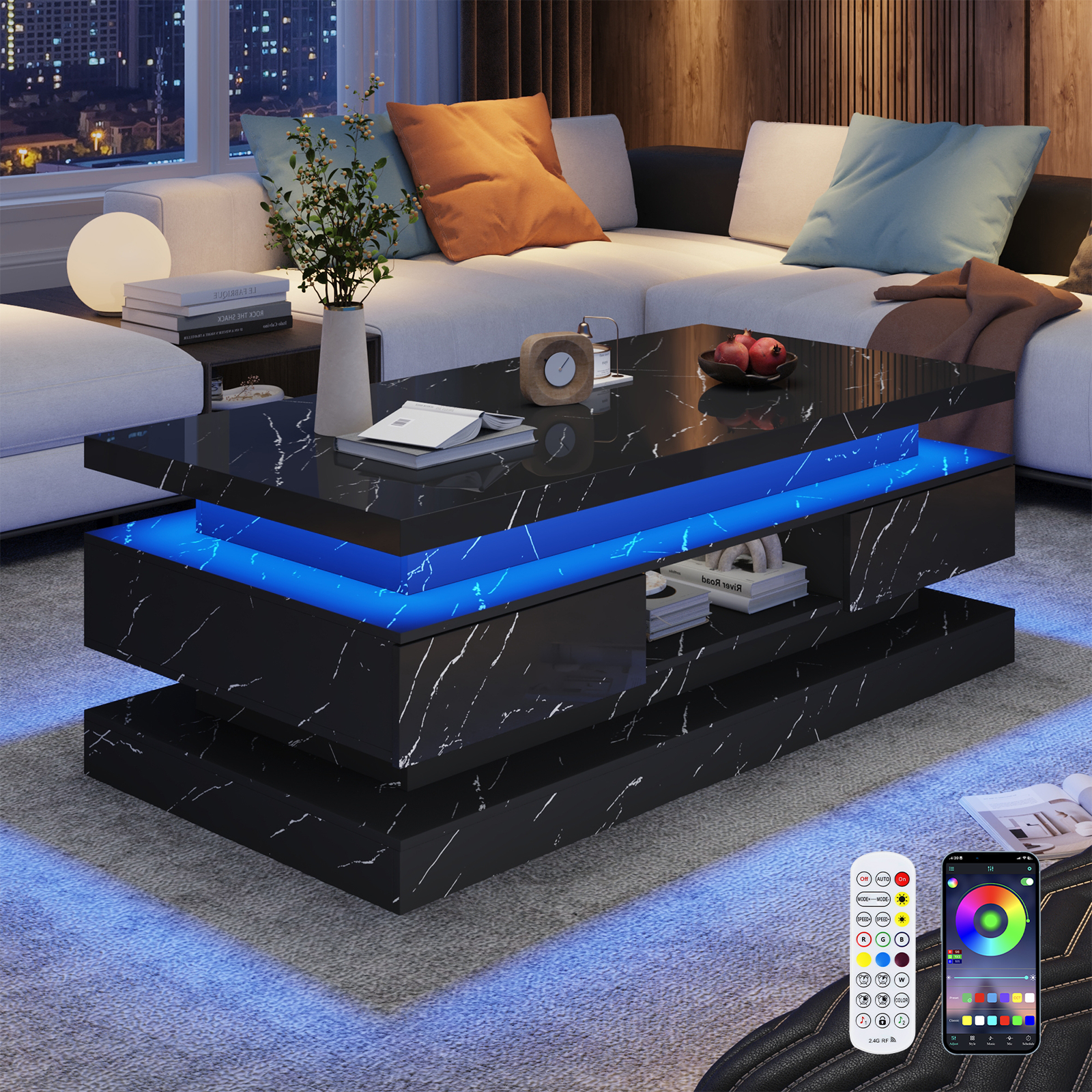 47'' LED Coffee Table with 2 Storage Drawers, Modern High Gloss Black Coffee Table with Marbling Print, 3-Tier Rectangle Center Table for Living Room, APP Control