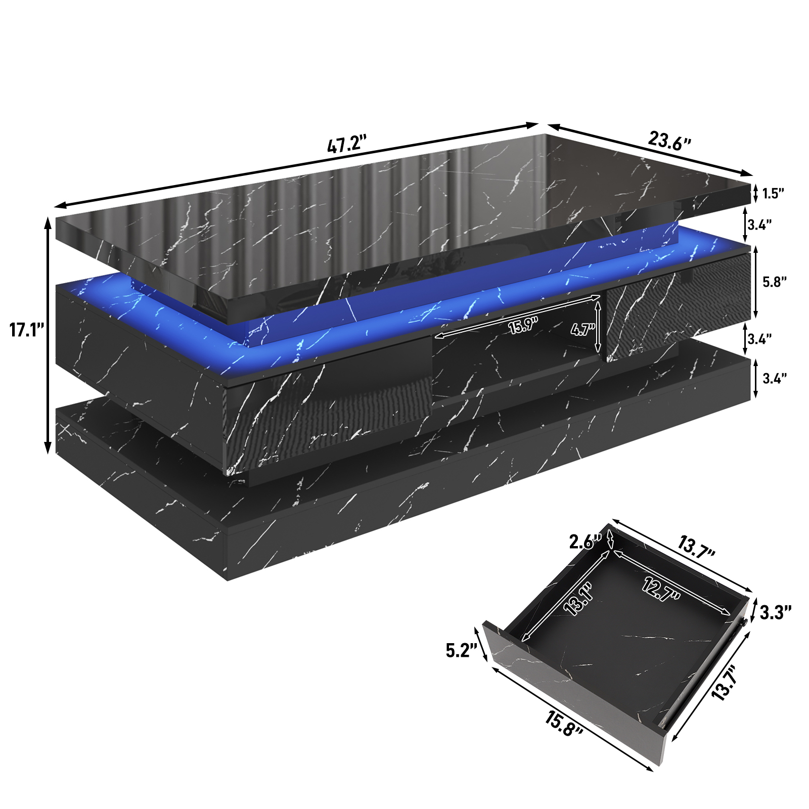 47'' LED Coffee Table with 2 Storage Drawers, Modern High Gloss Black Coffee Table with Marbling Print, 3-Tier Rectangle Center Table for Living Room, APP Control