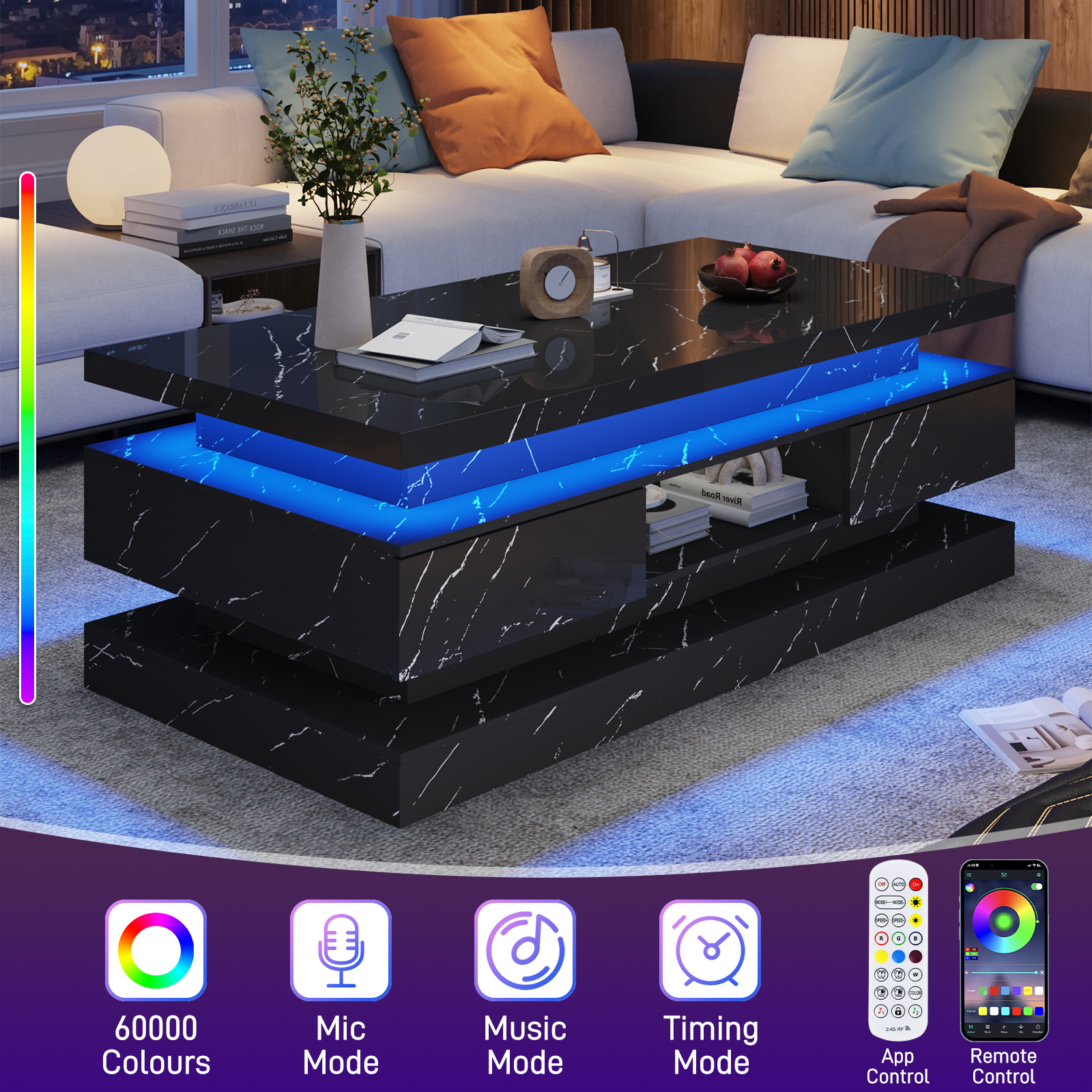 47'' LED Coffee Table with 2 Storage Drawers, Modern High Gloss Black Coffee Table with Marbling Print, 3-Tier Rectangle Center Table for Living Room, APP Control