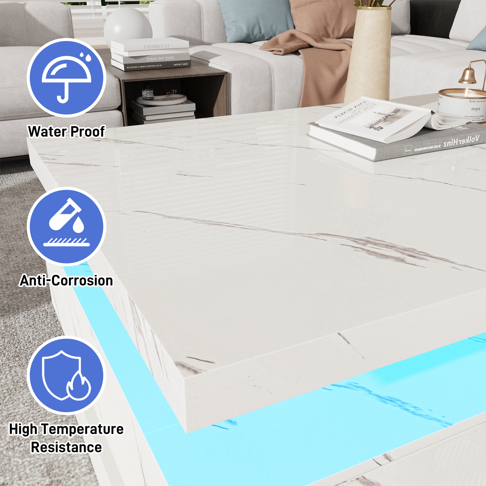 47'' LED Coffee Table with 2 Storage Drawers, Modern High Gloss Black Coffee Table with Marbling Print, 3-Tier Rectangle Center Table for Living Room, APP Control