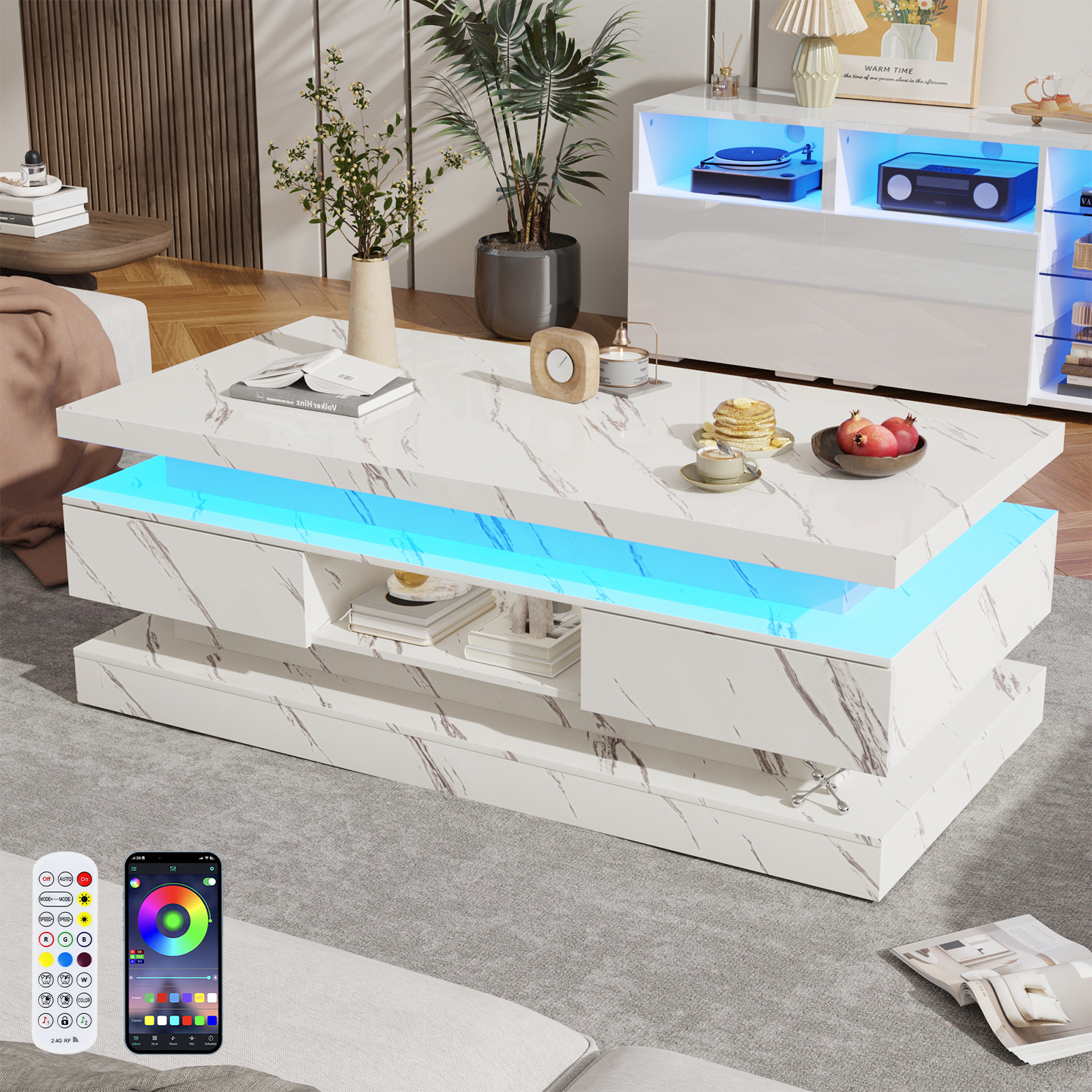 47'' LED Coffee Table with 2 Storage Drawers, Modern High Gloss Black Coffee Table with Marbling Print, 3-Tier Rectangle Center Table for Living Room, APP Control
