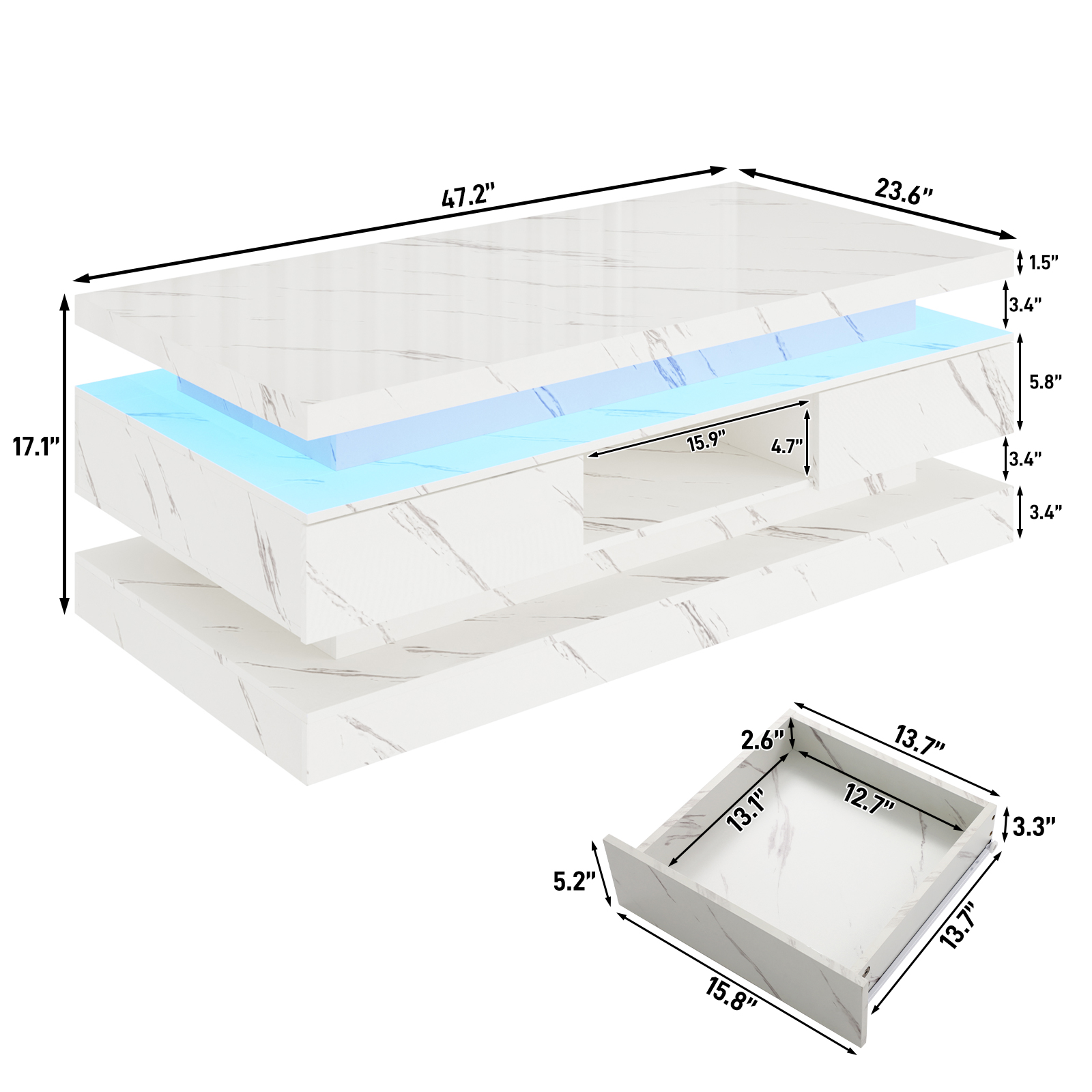 47'' LED Coffee Table with 2 Storage Drawers, Modern High Gloss Black Coffee Table with Marbling Print, 3-Tier Rectangle Center Table for Living Room, APP Control