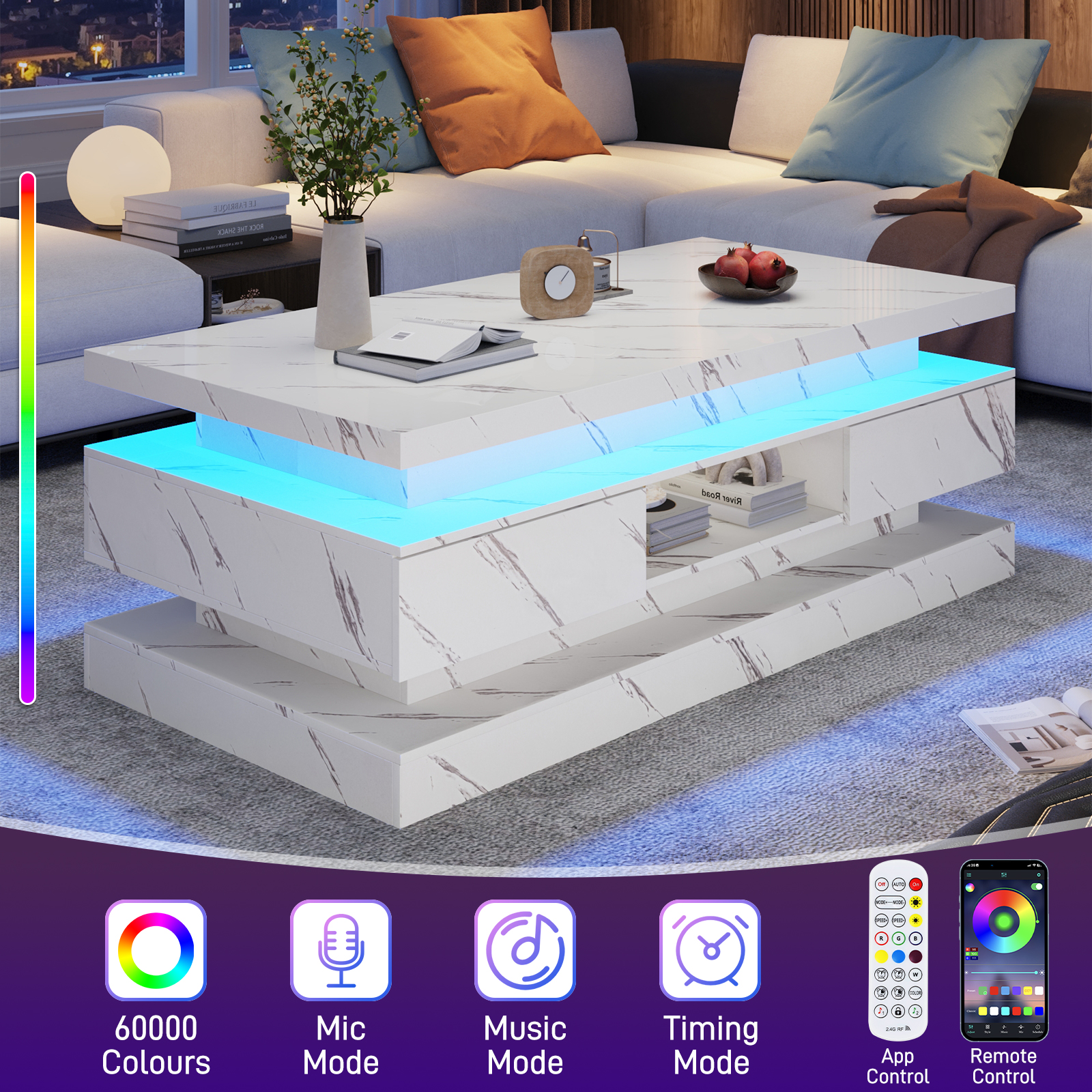 47'' LED Coffee Table with 2 Storage Drawers, Modern High Gloss Black Coffee Table with Marbling Print, 3-Tier Rectangle Center Table for Living Room, APP Control