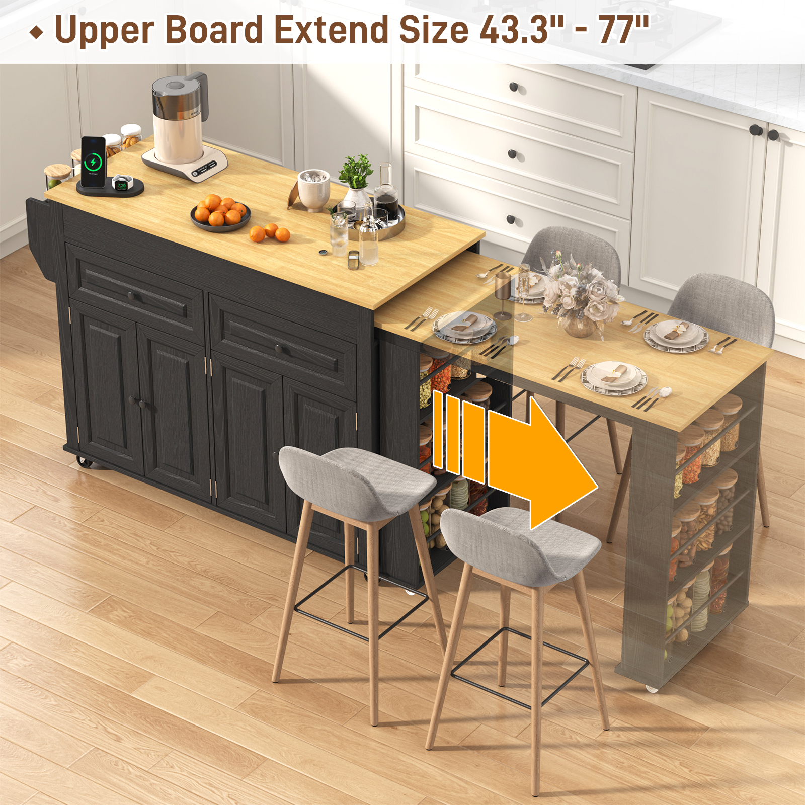 ANPOO Large Kitchen Island with Extendable Dining Table and Power Outlet, Rolling Kitchen Island Cart on Wheels with 2 Storage Cabinets & 2 Drawers & 3 Spice Racks, Island Table for Kitchen