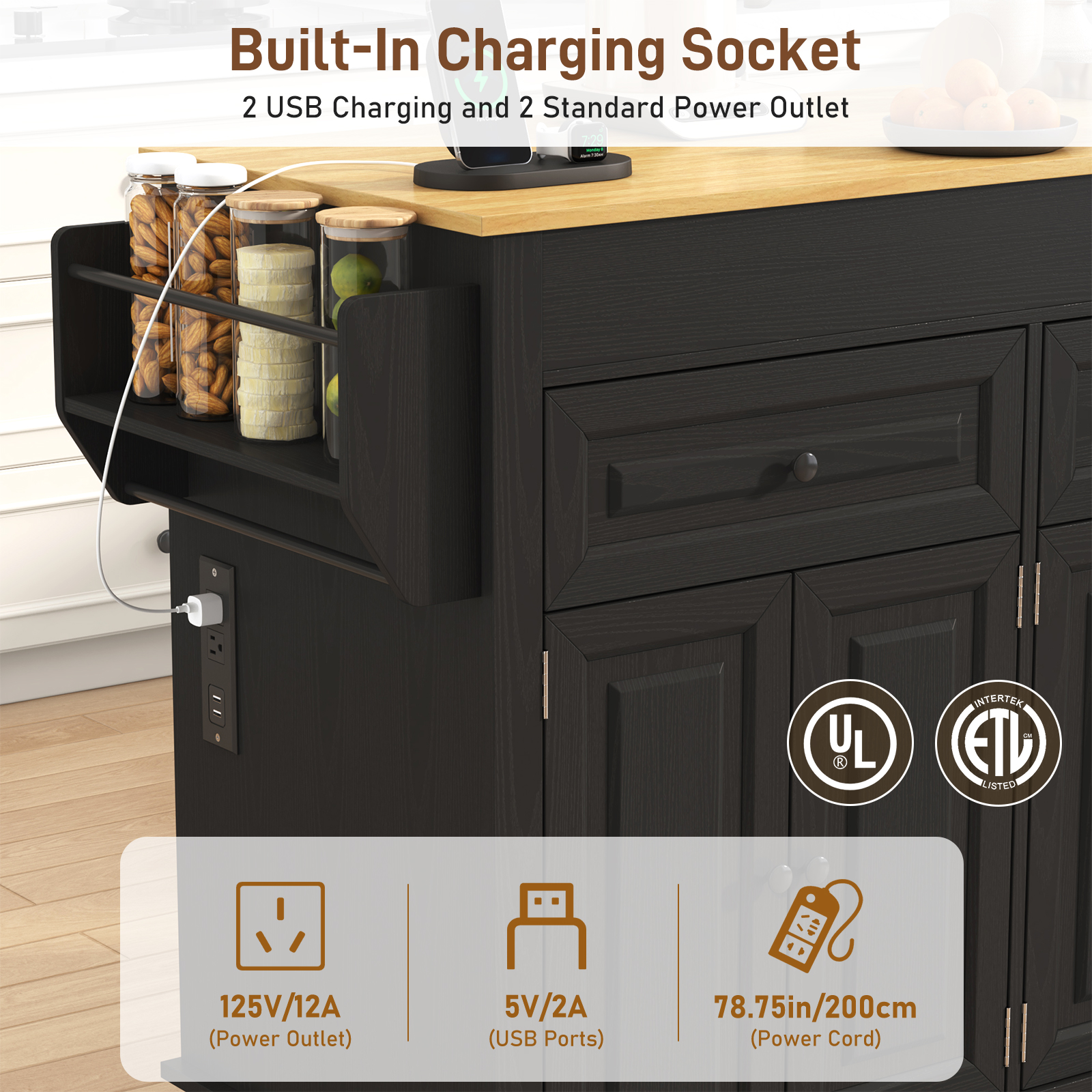ANPOO Large Kitchen Island with Extendable Dining Table and Power Outlet, Rolling Kitchen Island Cart on Wheels with 2 Storage Cabinets & 2 Drawers & 3 Spice Racks, Island Table for Kitchen