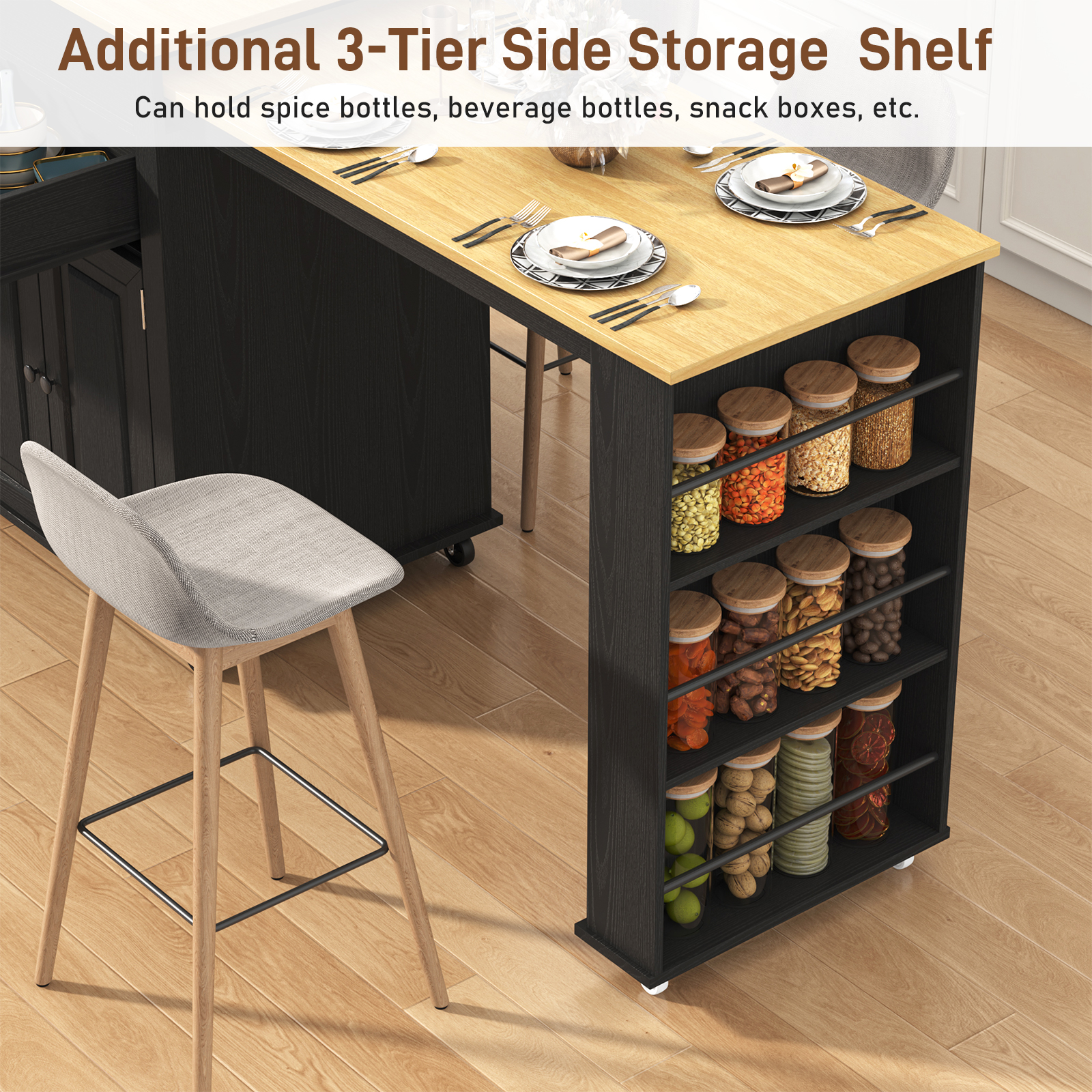 ANPOO Large Kitchen Island with Extendable Dining Table and Power Outlet, Rolling Kitchen Island Cart on Wheels with 2 Storage Cabinets & 2 Drawers & 3 Spice Racks, Island Table for Kitchen