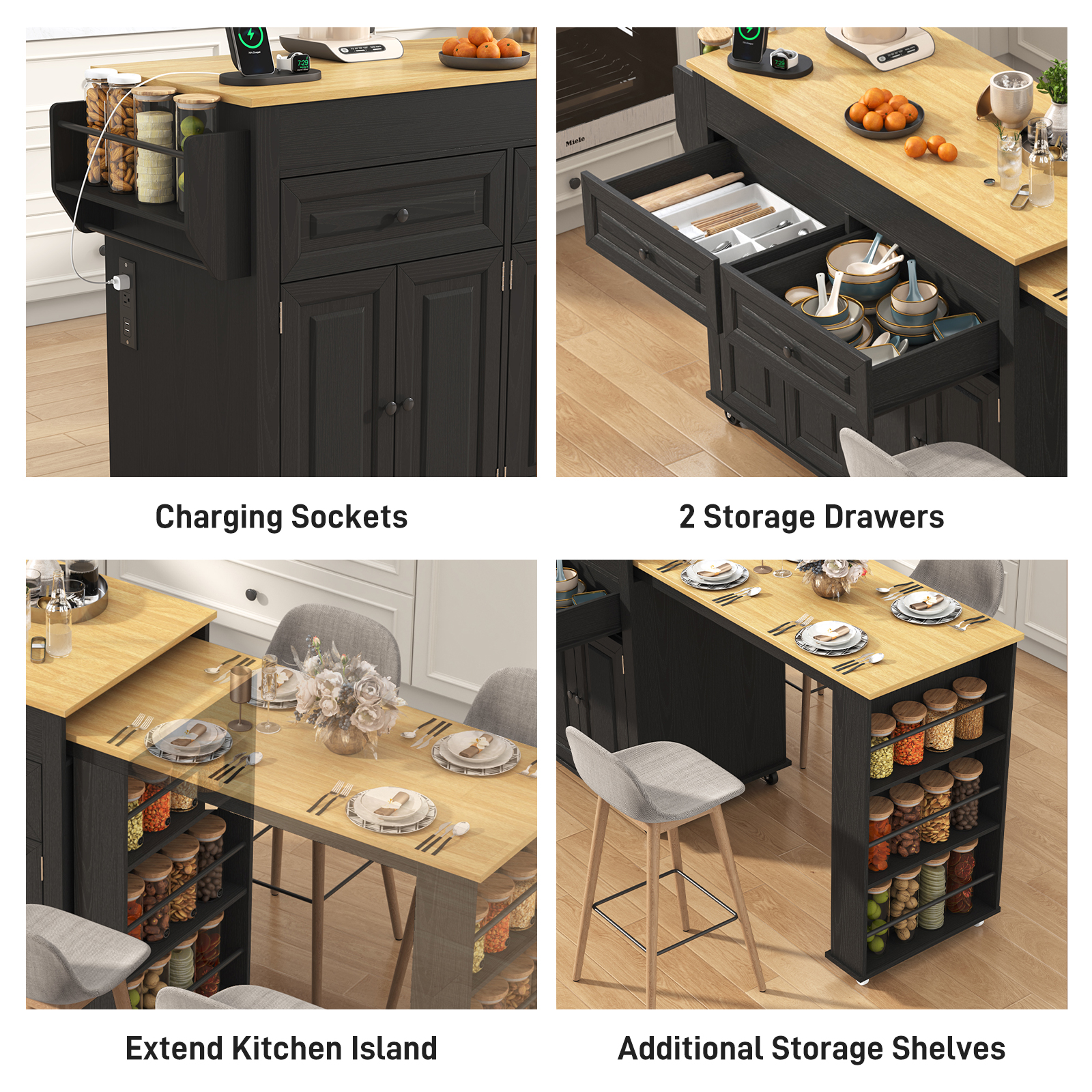 ANPOO Large Kitchen Island with Extendable Dining Table and Power Outlet, Rolling Kitchen Island Cart on Wheels with 2 Storage Cabinets & 2 Drawers & 3 Spice Racks, Island Table for Kitchen