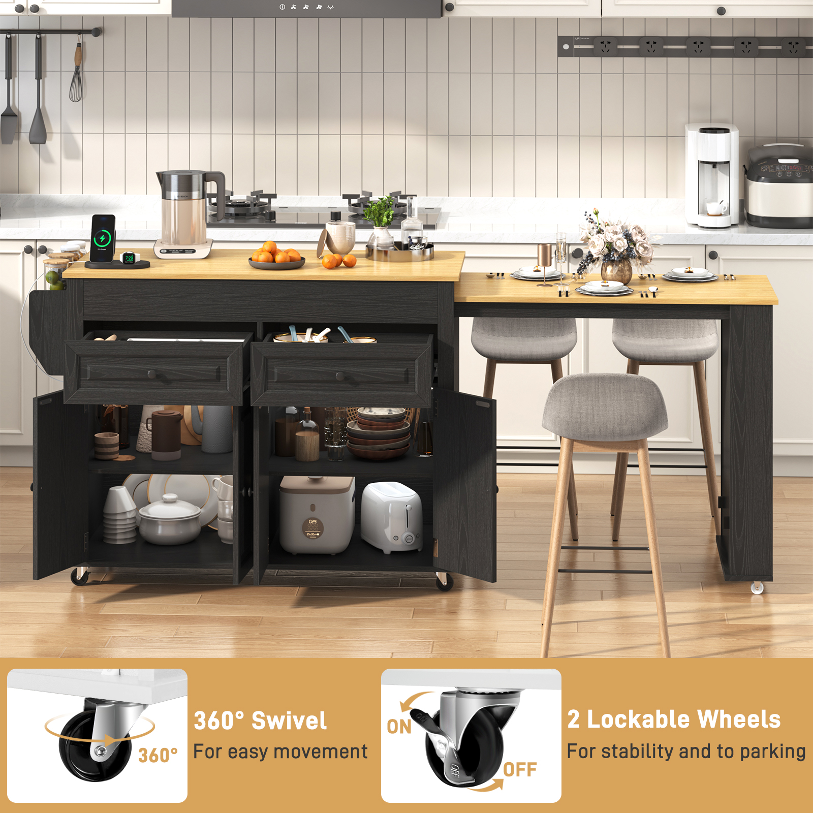 ANPOO Large Kitchen Island with Extendable Dining Table and Power Outlet, Rolling Kitchen Island Cart on Wheels with 2 Storage Cabinets & 2 Drawers & 3 Spice Racks, Island Table for Kitchen