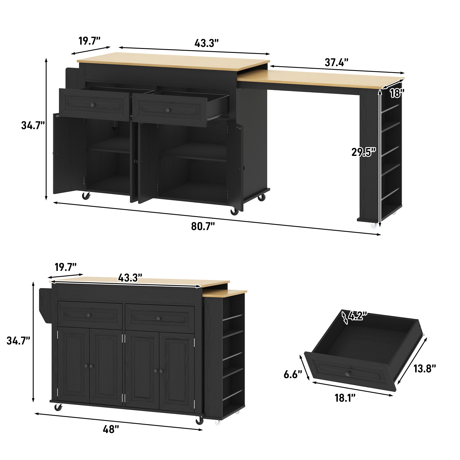 ANPOO Large Kitchen Island with Extendable Dining Table and Power Outlet, Rolling Kitchen Island Cart on Wheels with 2 Storage Cabinets & 2 Drawers & 3 Spice Racks, Island Table for Kitchen