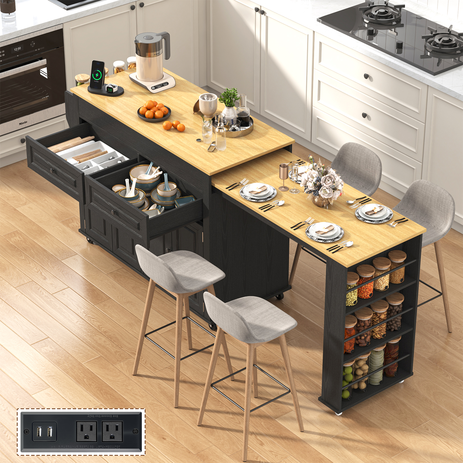 ANPOO Large Kitchen Island with Extendable Dining Table and Power Outlet, Rolling Kitchen Island Cart on Wheels with 2 Storage Cabinets & 2 Drawers & 3 Spice Racks, Island Table for Kitchen