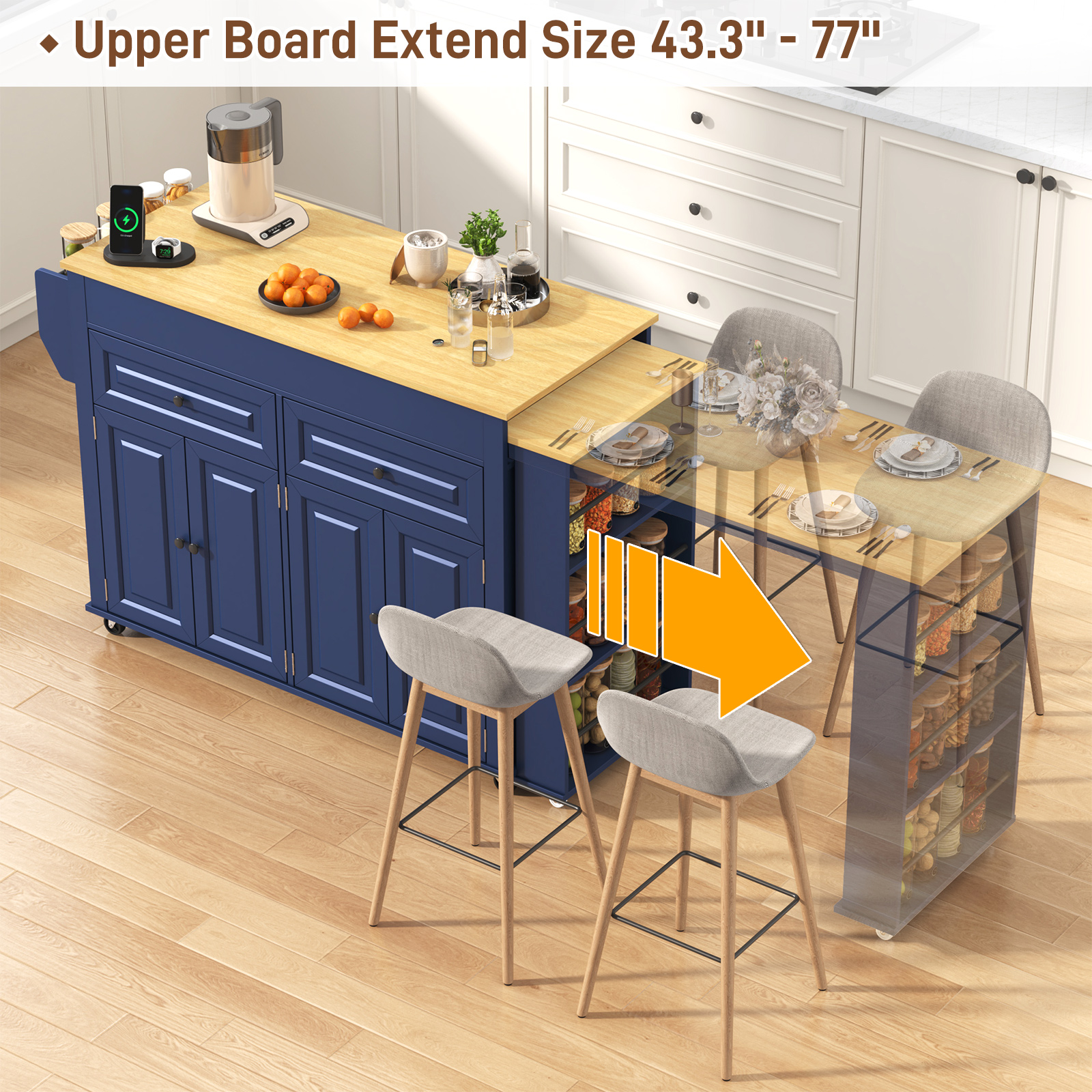 ANPOO Large Kitchen Island with Extendable Dining Table and Power Outlet, Rolling Kitchen Island Cart on Wheels with 2 Storage Cabinets & 2 Drawers & 3 Spice Racks, Island Table for Kitchen