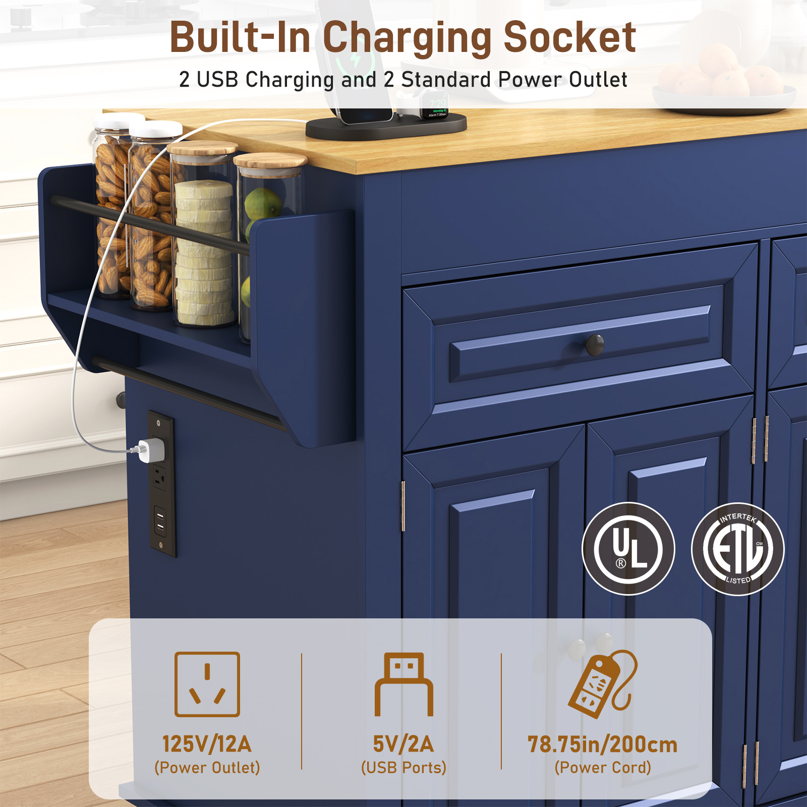 ANPOO Large Kitchen Island with Extendable Dining Table and Power Outlet, Rolling Kitchen Island Cart on Wheels with 2 Storage Cabinets & 2 Drawers & 3 Spice Racks, Island Table for Kitchen