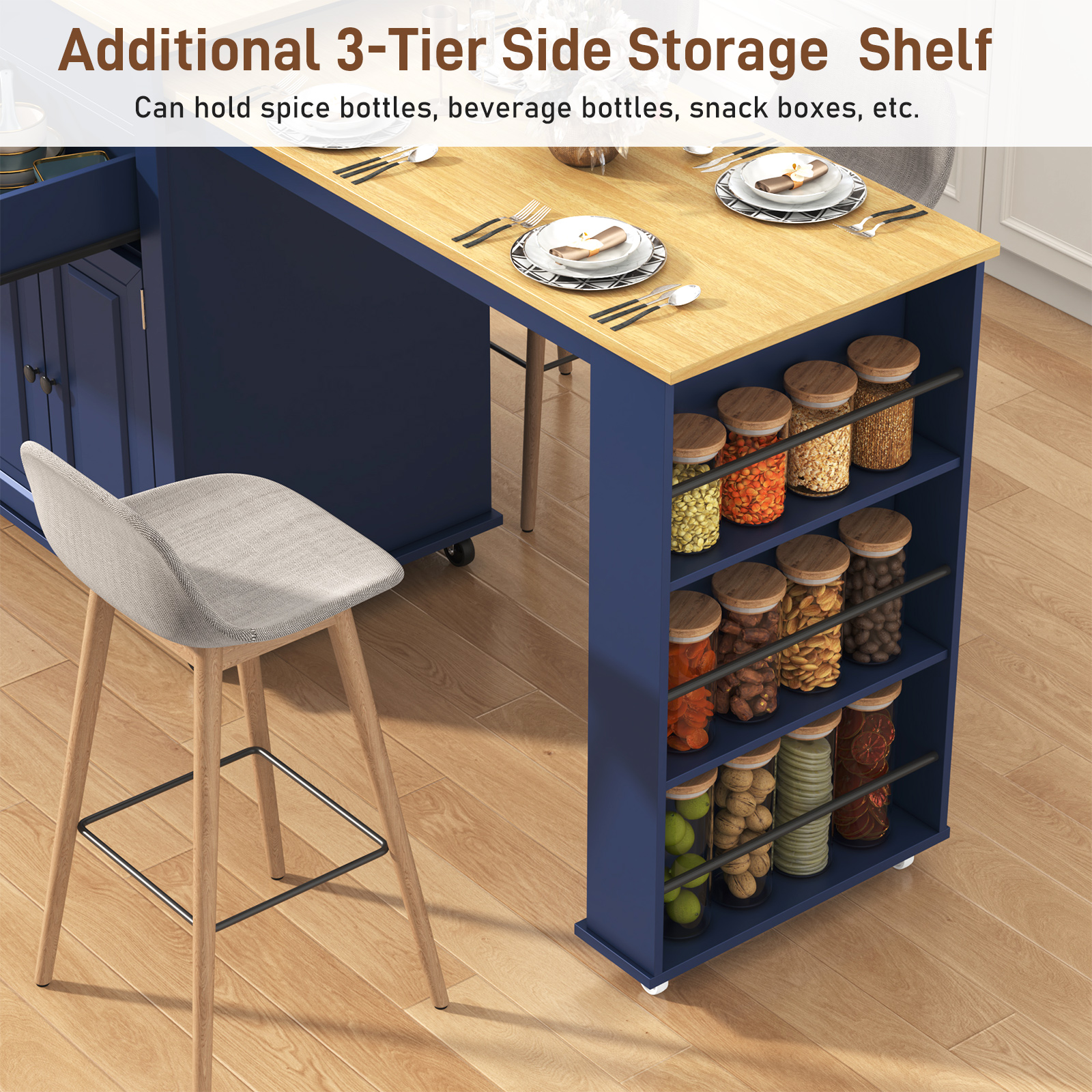 ANPOO Large Kitchen Island with Extendable Dining Table and Power Outlet, Rolling Kitchen Island Cart on Wheels with 2 Storage Cabinets & 2 Drawers & 3 Spice Racks, Island Table for Kitchen