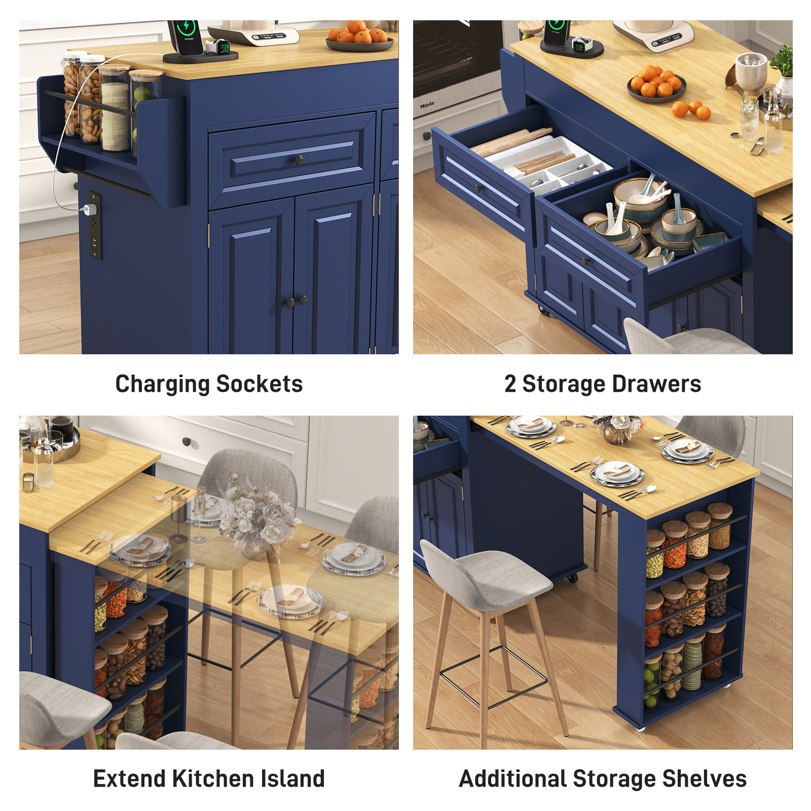 ANPOO Large Kitchen Island with Extendable Dining Table and Power Outlet, Rolling Kitchen Island Cart on Wheels with 2 Storage Cabinets & 2 Drawers & 3 Spice Racks, Island Table for Kitchen