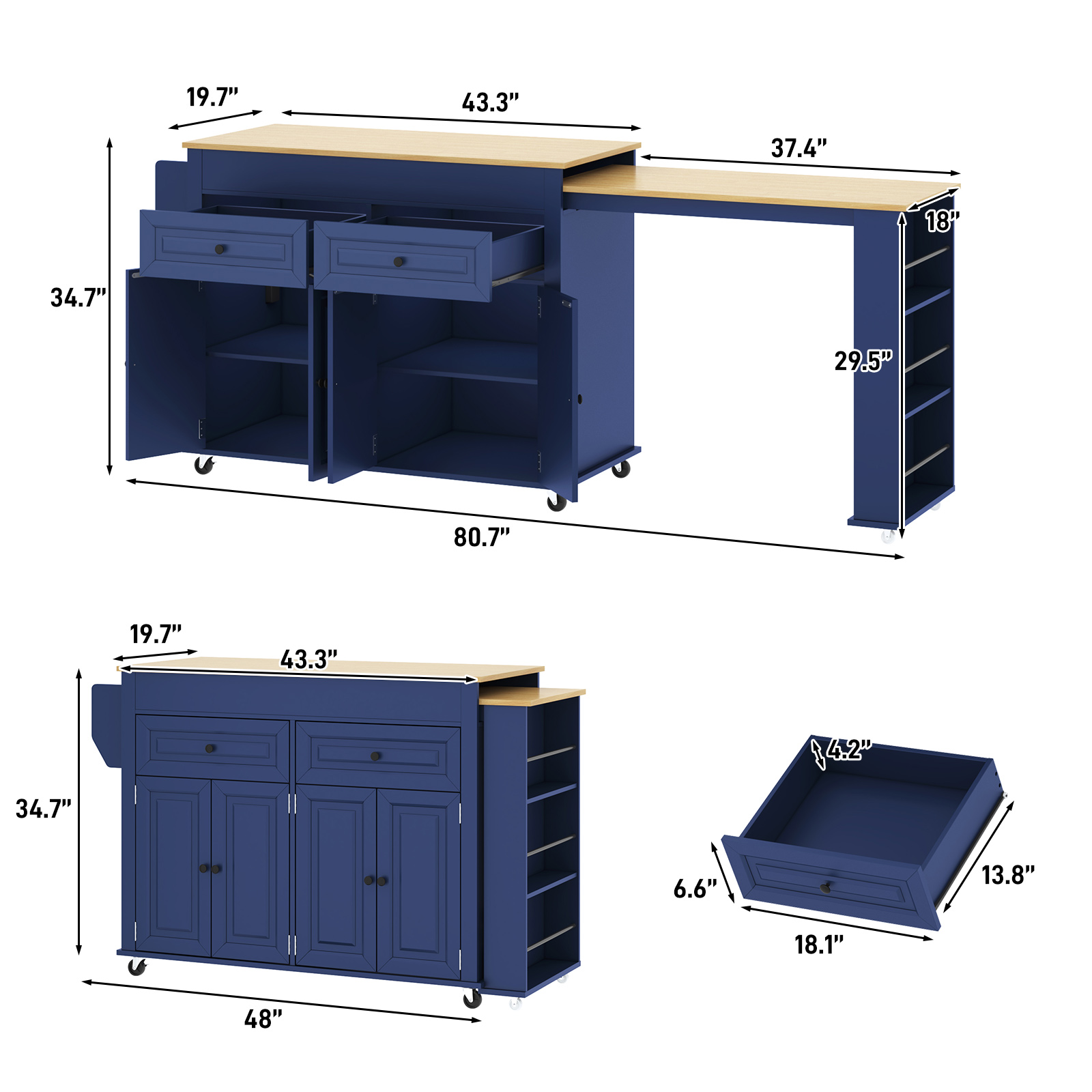 ANPOO Large Kitchen Island with Extendable Dining Table and Power Outlet, Rolling Kitchen Island Cart on Wheels with 2 Storage Cabinets & 2 Drawers & 3 Spice Racks, Island Table for Kitchen