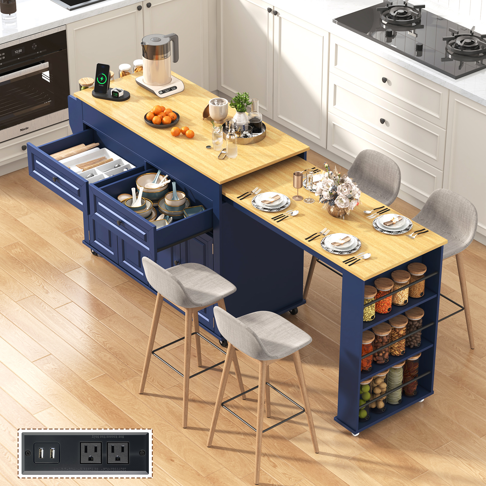 ANPOO Large Kitchen Island with Extendable Dining Table and Power Outlet, Rolling Kitchen Island Cart on Wheels with 2 Storage Cabinets & 2 Drawers & 3 Spice Racks, Island Table for Kitchen