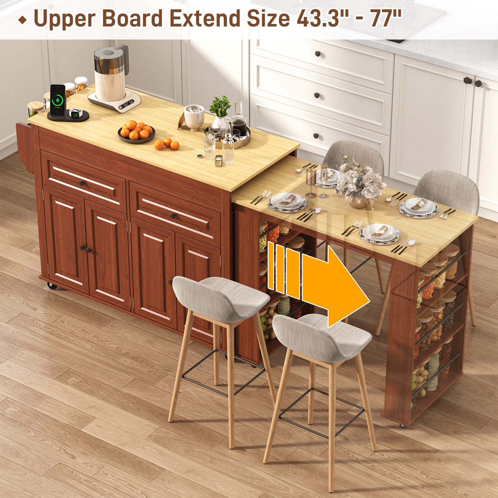 ANPOO Large Kitchen Island with Extendable Dining Table and Power Outlet, Rolling Kitchen Island Cart on Wheels with 2 Storage Cabinets & 2 Drawers & 3 Spice Racks, Island Table for Kitchen