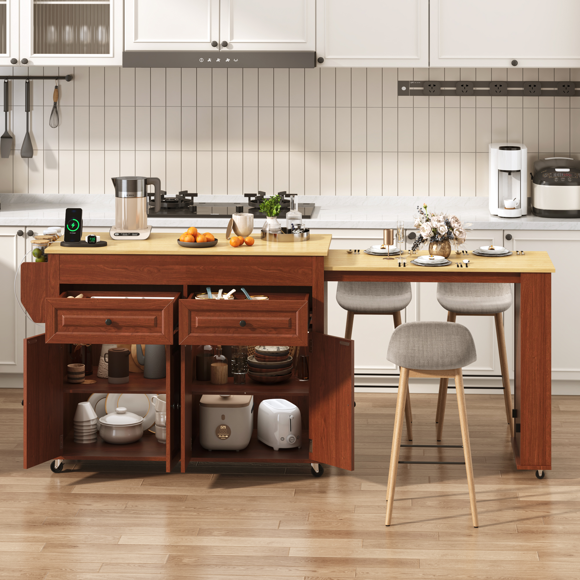 ANPOO Large Kitchen Island with Extendable Dining Table and Power Outlet, Rolling Kitchen Island Cart on Wheels with 2 Storage Cabinets & 2 Drawers & 3 Spice Racks, Island Table for Kitchen