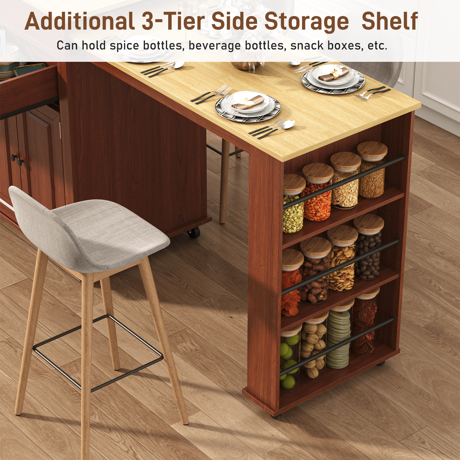 ANPOO Large Kitchen Island with Extendable Dining Table and Power Outlet, Rolling Kitchen Island Cart on Wheels with 2 Storage Cabinets & 2 Drawers & 3 Spice Racks, Island Table for Kitchen