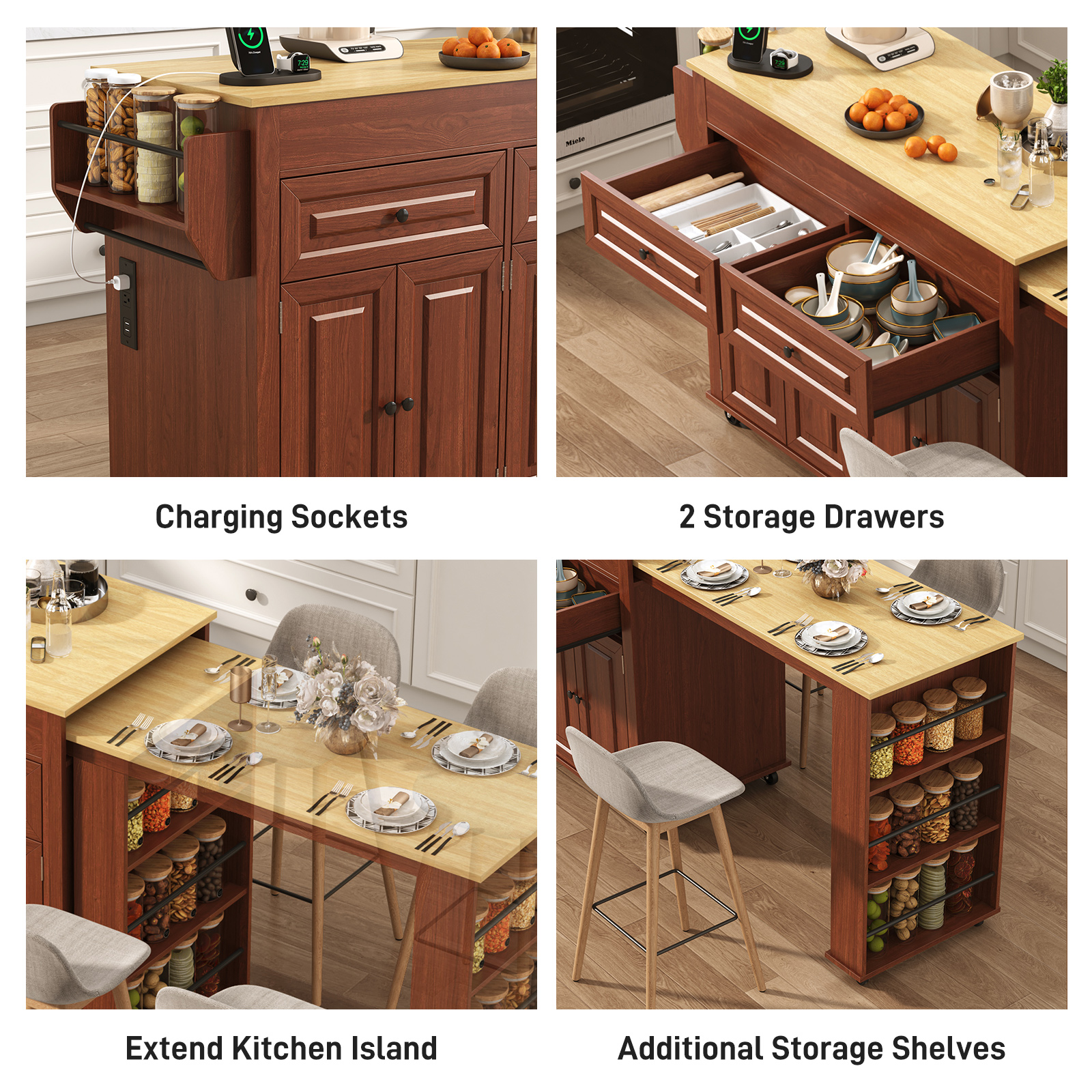 ANPOO Large Kitchen Island with Extendable Dining Table and Power Outlet, Rolling Kitchen Island Cart on Wheels with 2 Storage Cabinets & 2 Drawers & 3 Spice Racks, Island Table for Kitchen