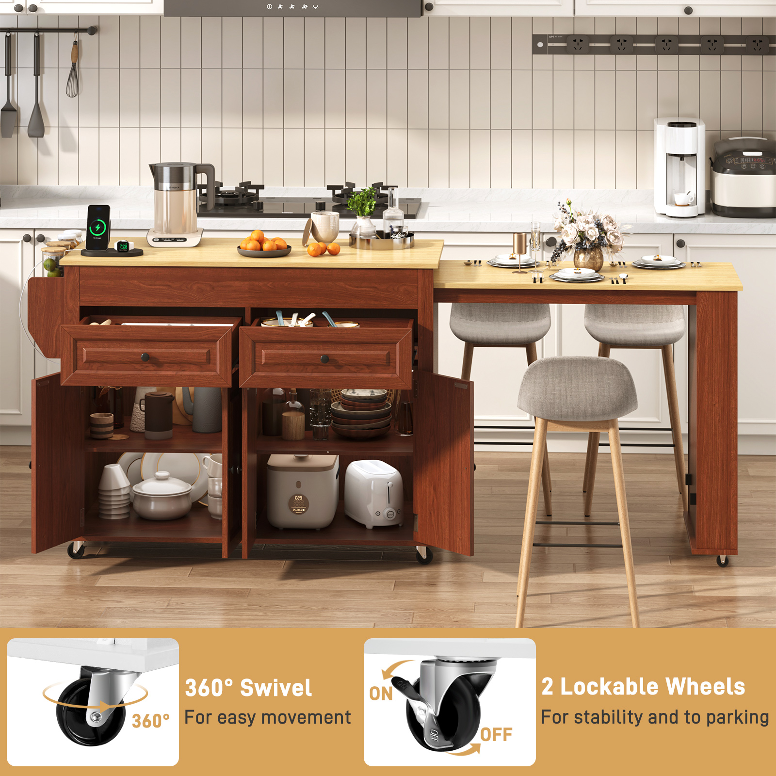 ANPOO Large Kitchen Island with Extendable Dining Table and Power Outlet, Rolling Kitchen Island Cart on Wheels with 2 Storage Cabinets & 2 Drawers & 3 Spice Racks, Island Table for Kitchen