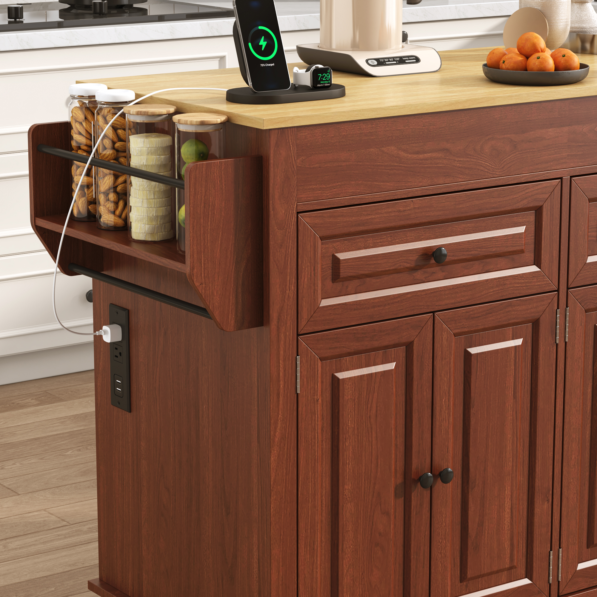 ANPOO Large Kitchen Island with Extendable Dining Table and Power Outlet, Rolling Kitchen Island Cart on Wheels with 2 Storage Cabinets & 2 Drawers & 3 Spice Racks, Island Table for Kitchen