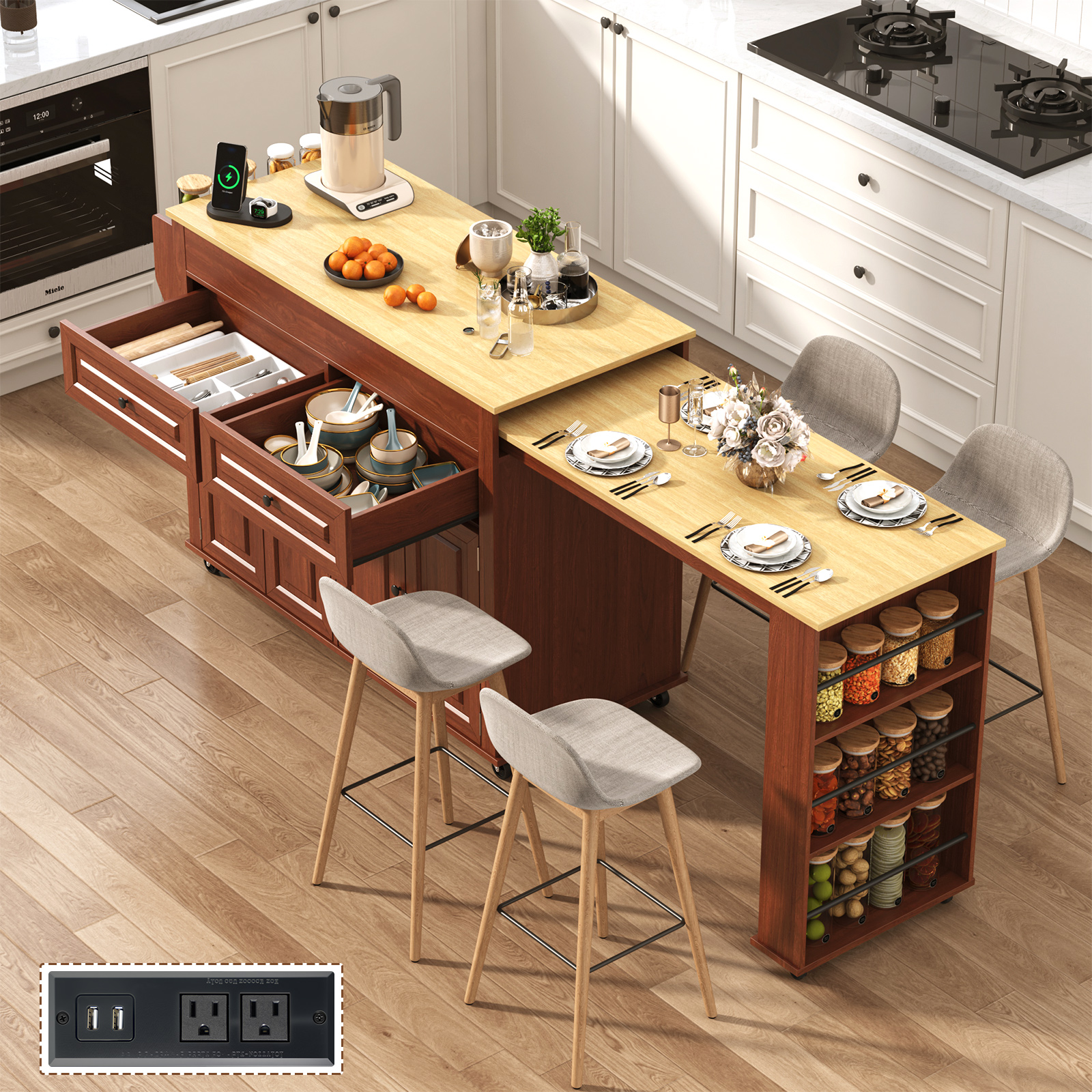 ANPOO Large Kitchen Island with Extendable Dining Table and Power Outlet, Rolling Kitchen Island Cart on Wheels with 2 Storage Cabinets & 2 Drawers & 3 Spice Racks, Island Table for Kitchen
