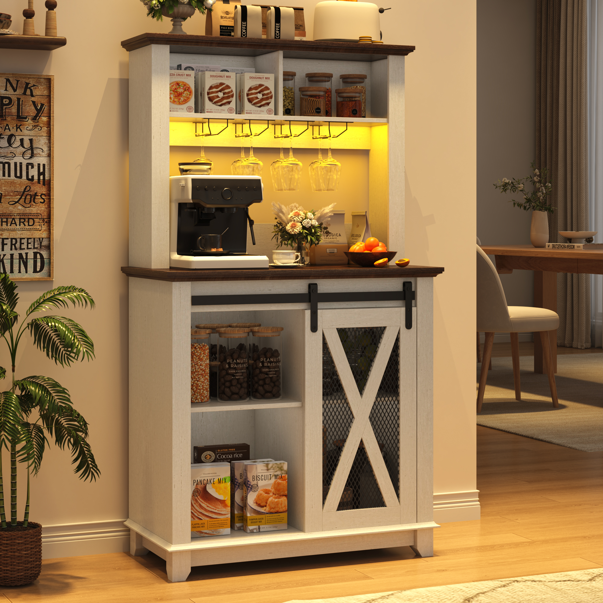 ANPOO 63"W Farmhouse Coffee Bar Cabinet with Power Outlet and LED Light, 58"H Wine Bar Cabinet with 4 Tier Storage Hutch, Kitchen Buffet Cabinet with 15 Wine and Glass Racks for Kitchen Dining Room