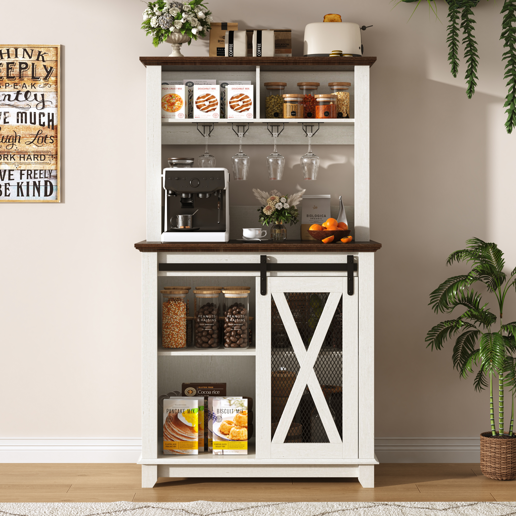 ANPOO 63"W Farmhouse Coffee Bar Cabinet with Power Outlet and LED Light, 58"H Wine Bar Cabinet with 4 Tier Storage Hutch, Kitchen Buffet Cabinet with 15 Wine and Glass Racks for Kitchen Dining Room