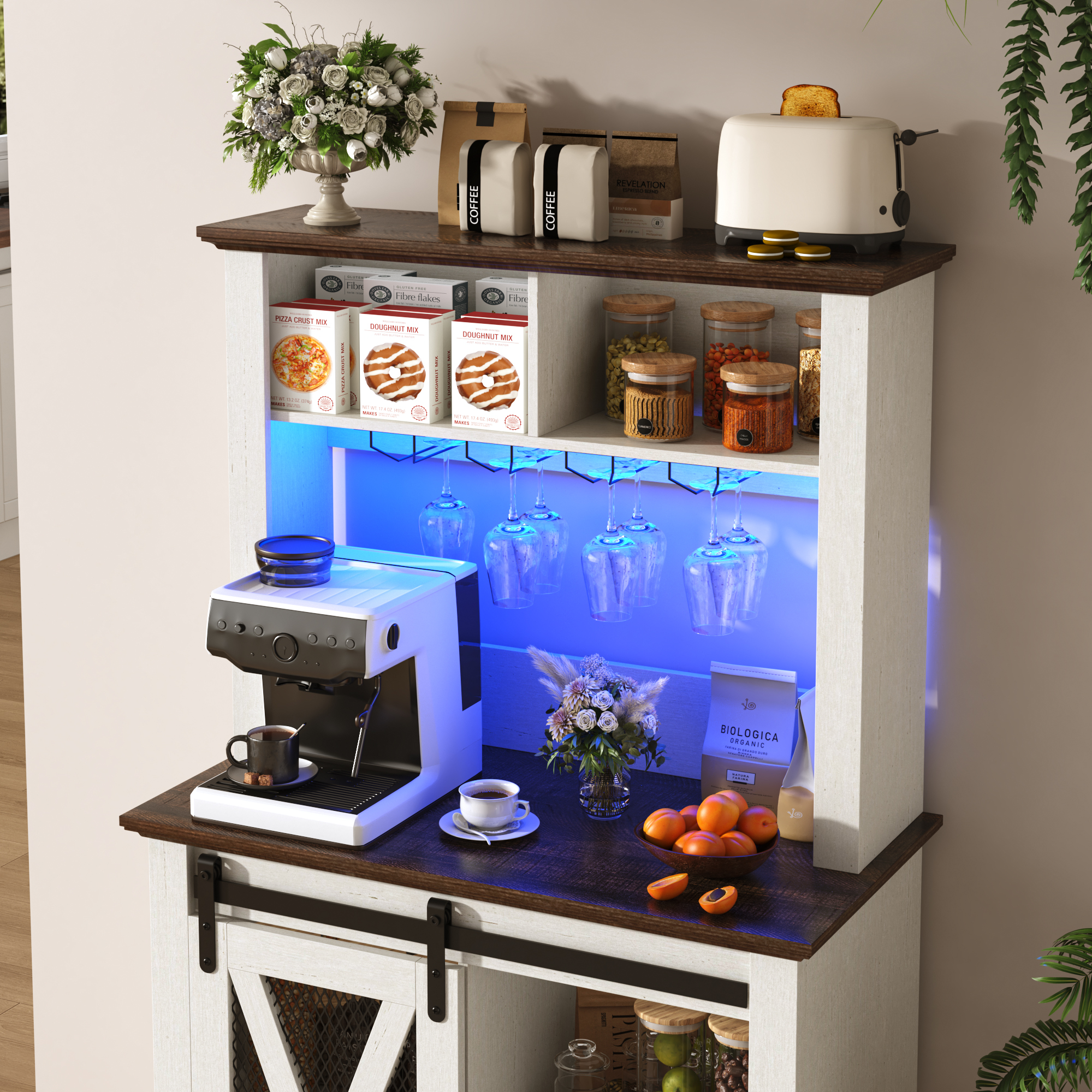 ANPOO 63"W Farmhouse Coffee Bar Cabinet with Power Outlet and LED Light, 58"H Wine Bar Cabinet with 4 Tier Storage Hutch, Kitchen Buffet Cabinet with 15 Wine and Glass Racks for Kitchen Dining Room