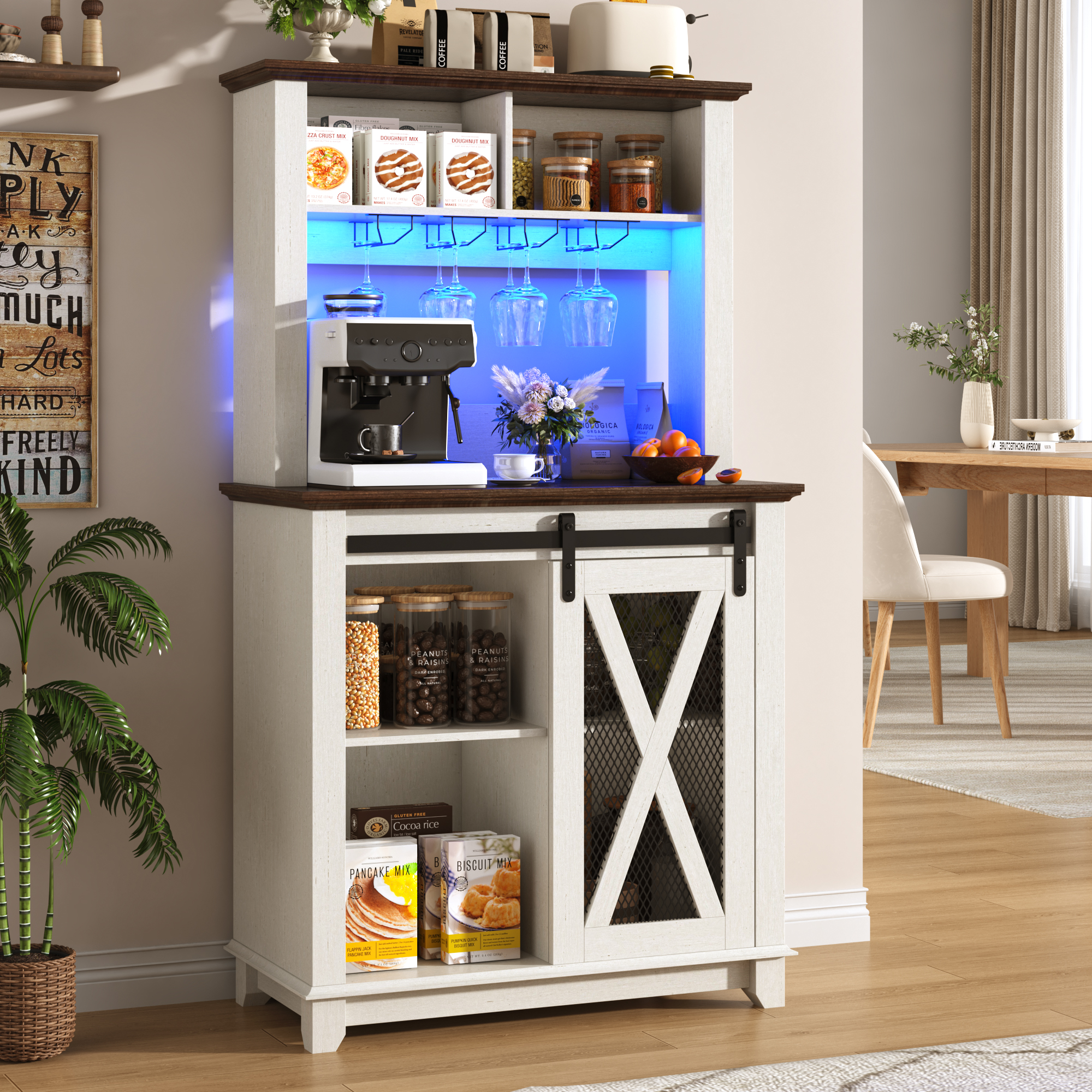 ANPOO 63"W Farmhouse Coffee Bar Cabinet with Power Outlet and LED Light, 58"H Wine Bar Cabinet with 4 Tier Storage Hutch, Kitchen Buffet Cabinet with 15 Wine and Glass Racks for Kitchen Dining Room