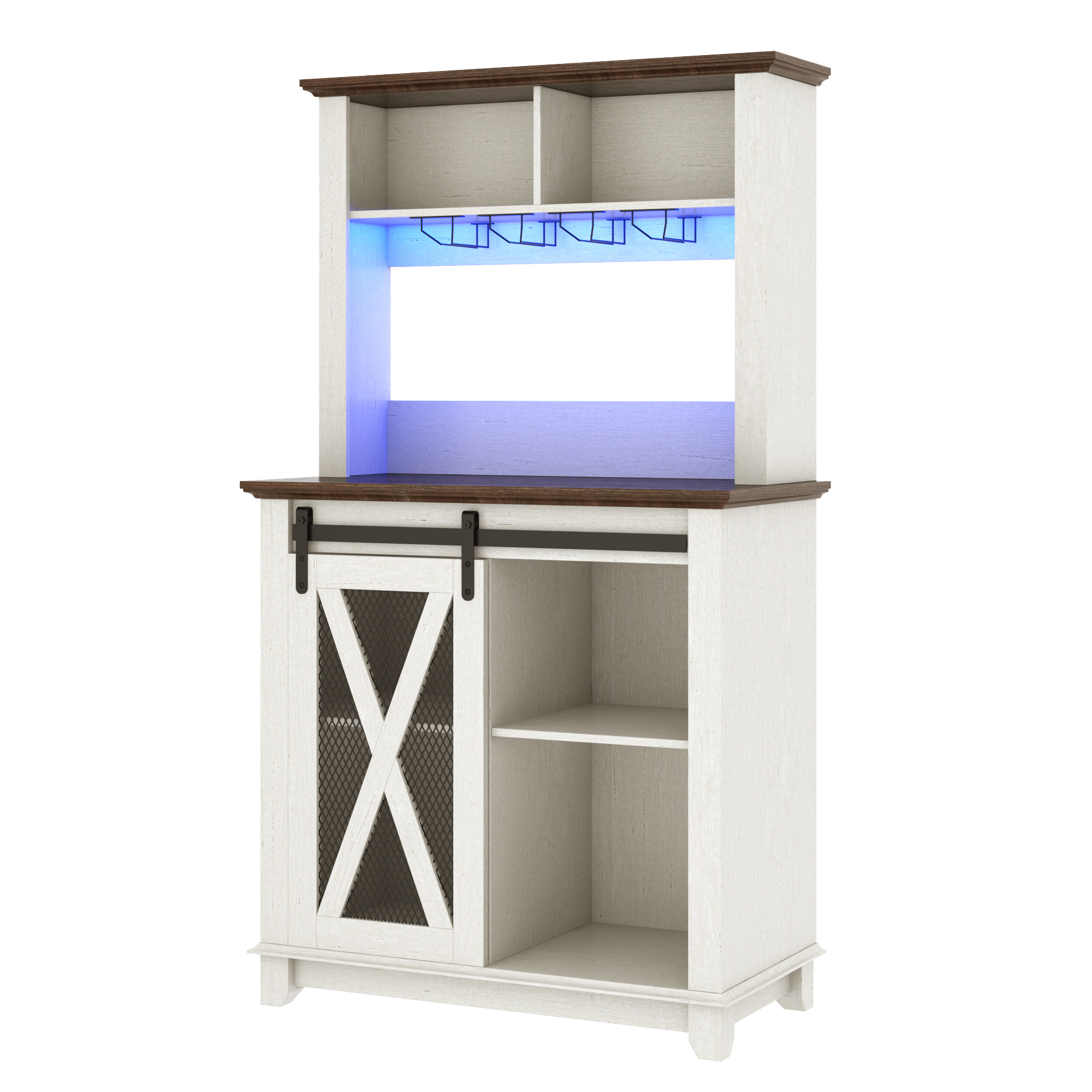 ANPOO 63"W Farmhouse Coffee Bar Cabinet with Power Outlet and LED Light, 58"H Wine Bar Cabinet with 4 Tier Storage Hutch, Kitchen Buffet Cabinet with 15 Wine and Glass Racks for Kitchen Dining Room