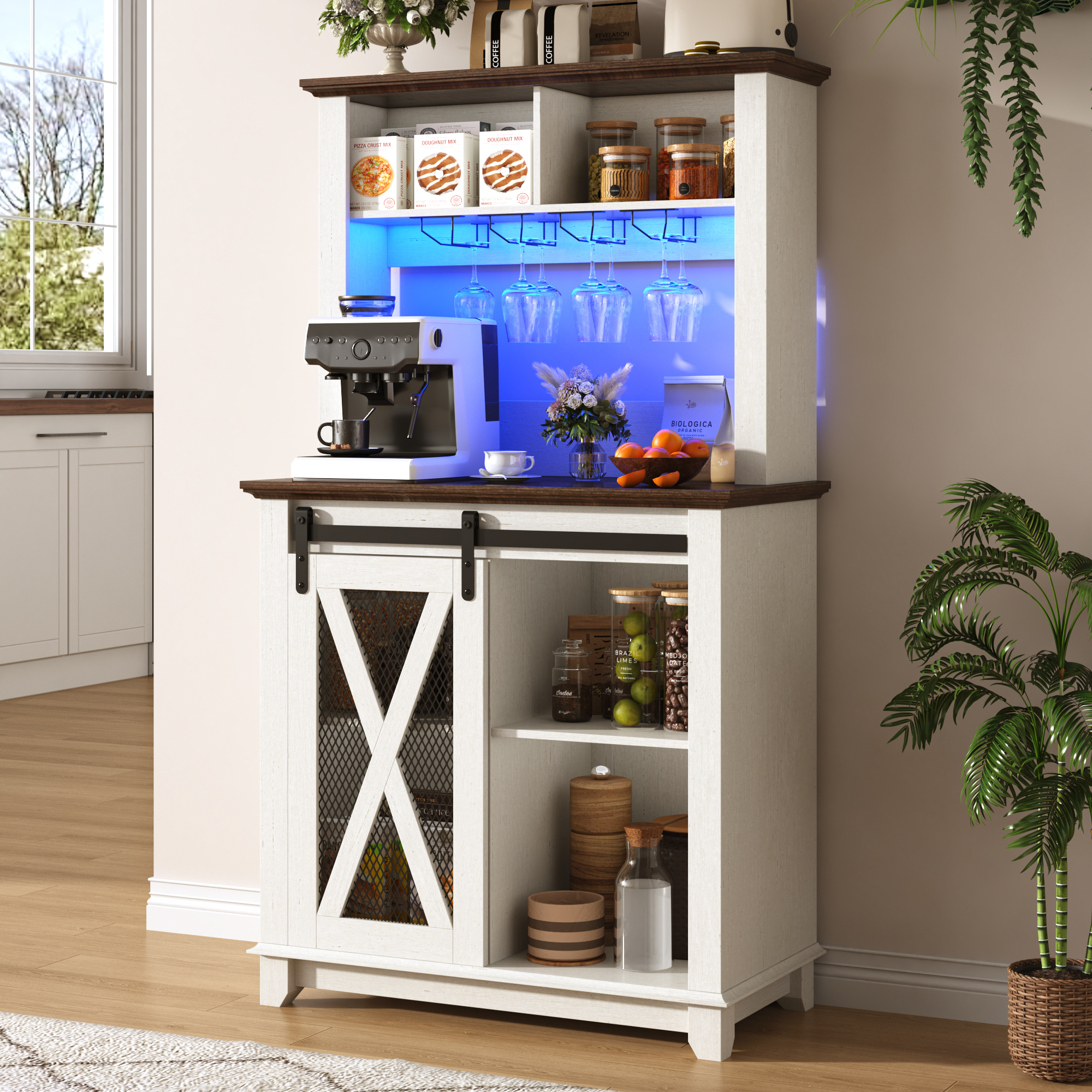 ANPOO 63"W Farmhouse Coffee Bar Cabinet with Power Outlet and LED Light, 58"H Wine Bar Cabinet with 4 Tier Storage Hutch, Kitchen Buffet Cabinet with 15 Wine and Glass Racks for Kitchen Dining Room