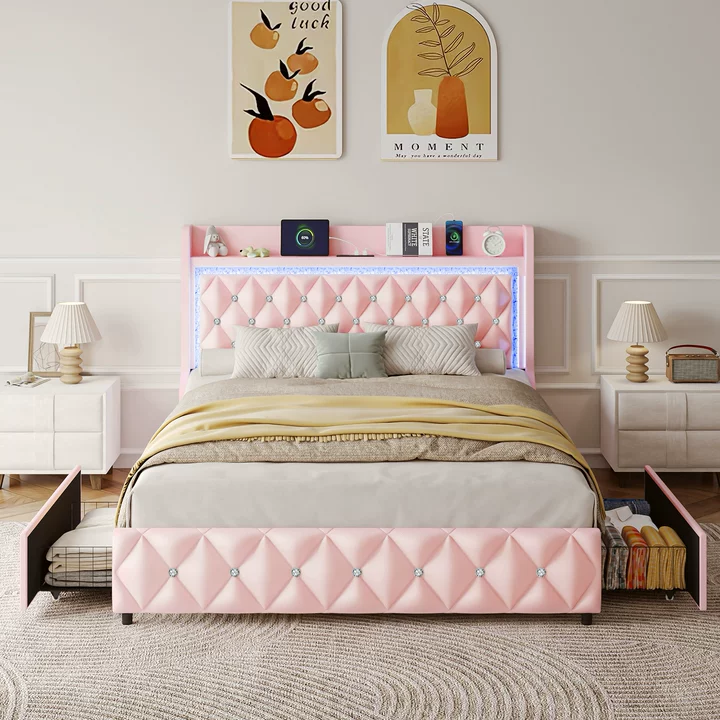 ANPOO LED Queen Bed Frame with Power Outlet & 2 Drawers, Upholstered PU Leather Platform Bed with Diamond Tufted Storage Headboard&Footboard, No Box Spring Needed, Noise Free, Pink